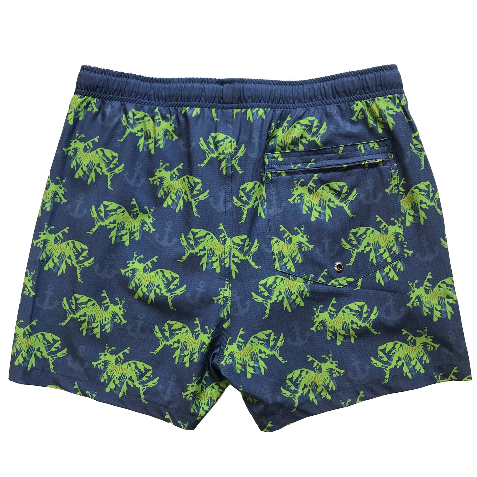 South Beach Boardies Men's Stretchy Trunks made from recycled plastic bottles, Leafy Seadragon 2.0 print, back
