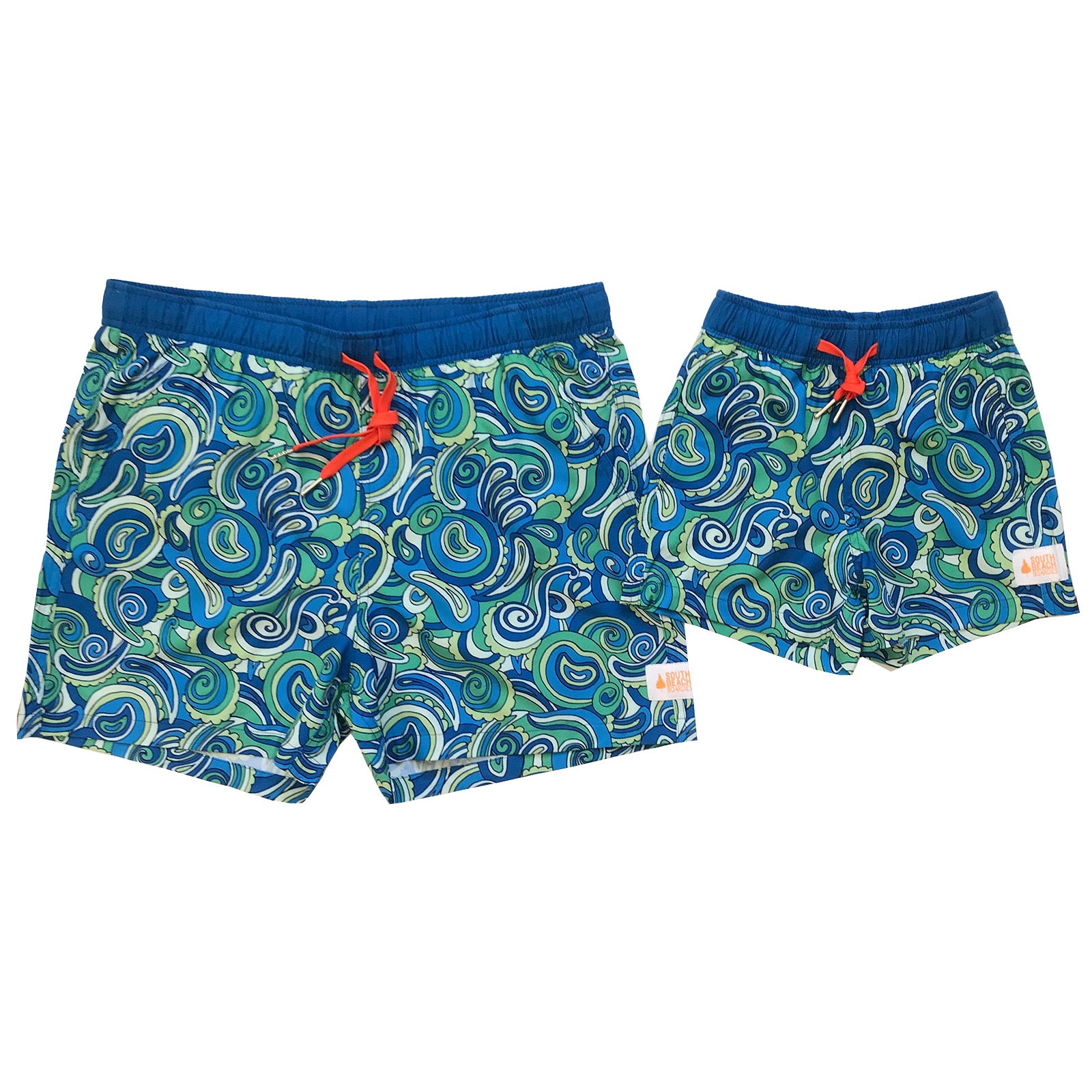 South Beach Boardies Men's and Kids matching Stretchy Trunks made from recycled plastic bottles, Paisley Days print
