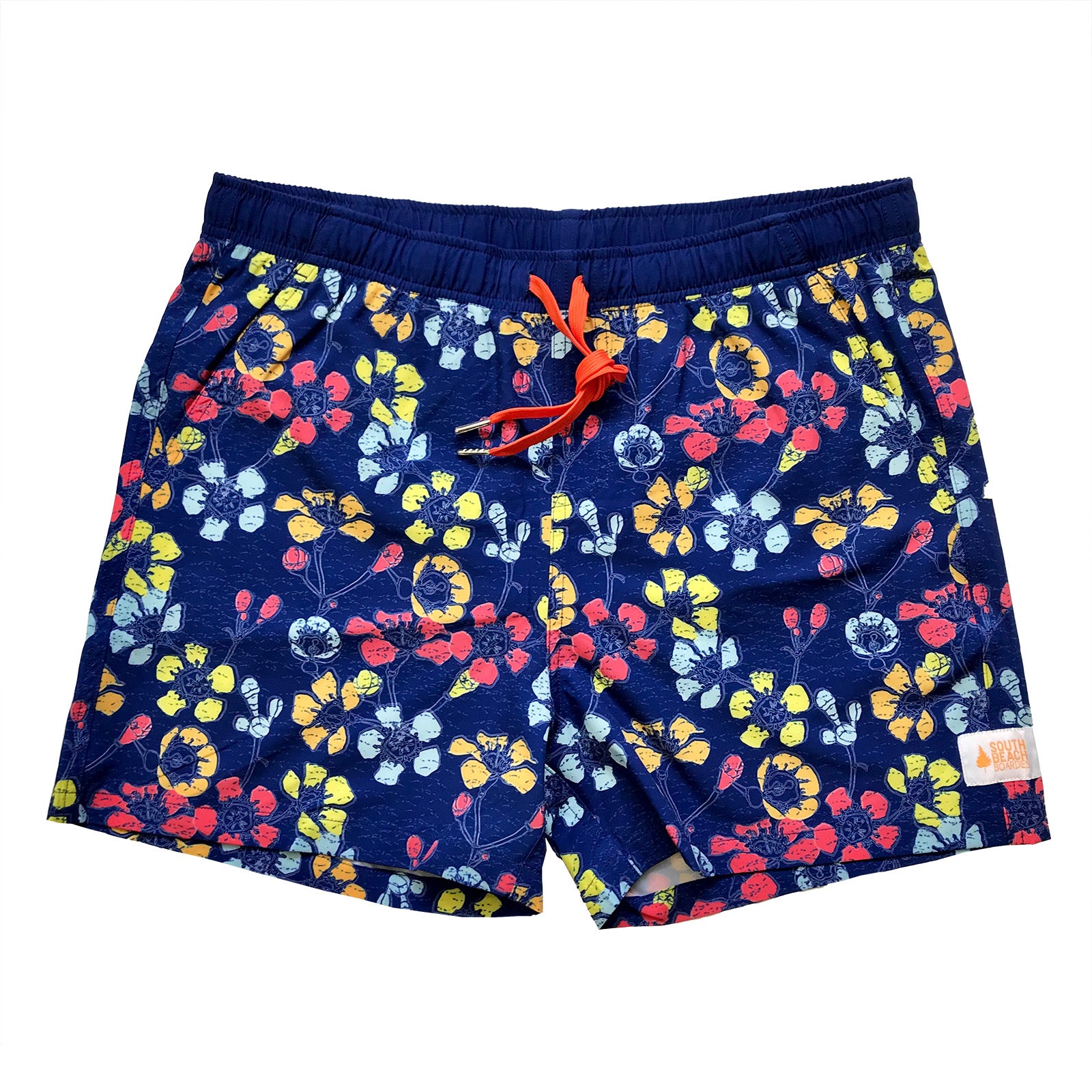 South Beach Boardies Mens Stretchy Trunks made from recycled plastic bottles, Geraldton wax print, front