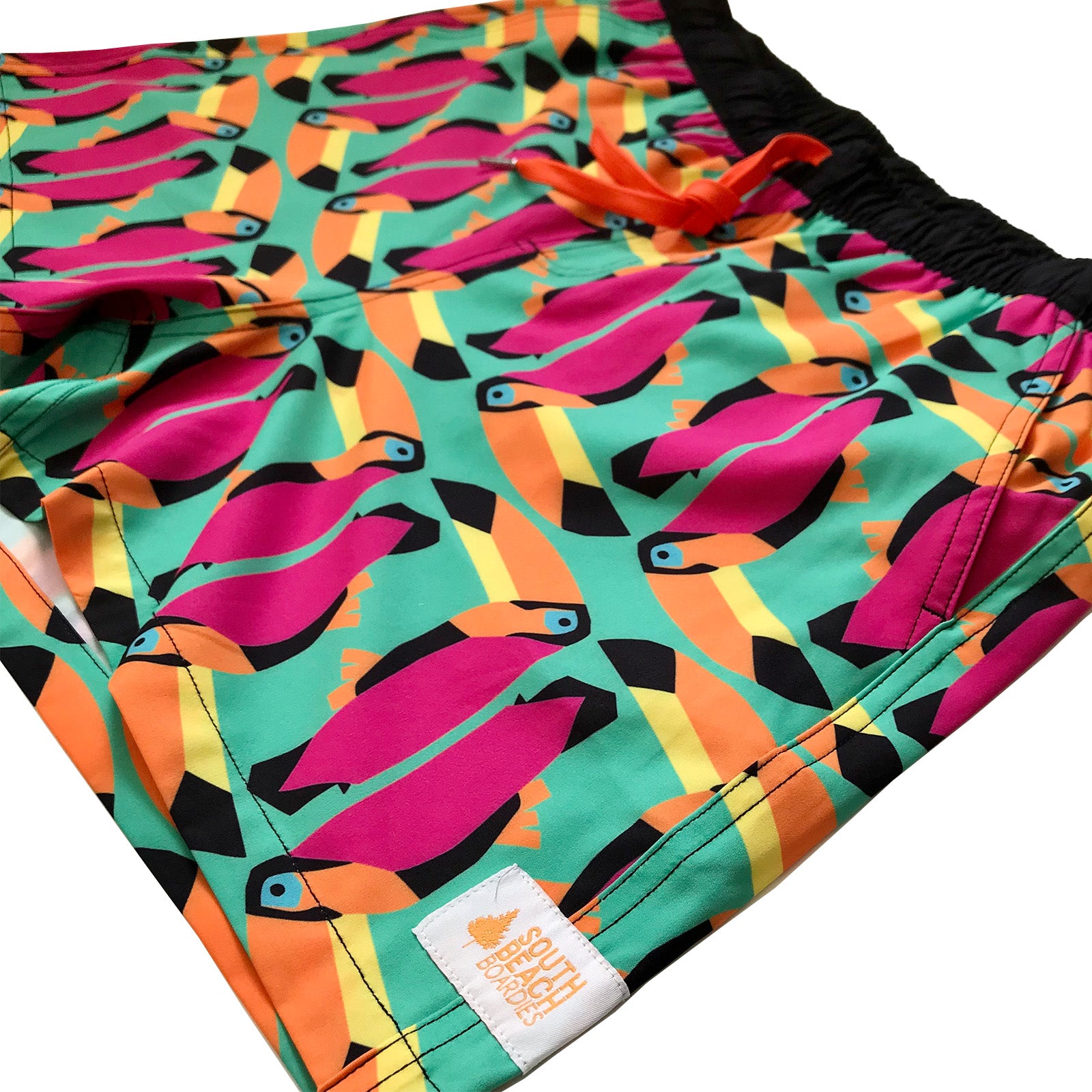 South Beach Boardies Mens Stretchy Trunks made from recycled plastic bottles, TOUCAN print, side