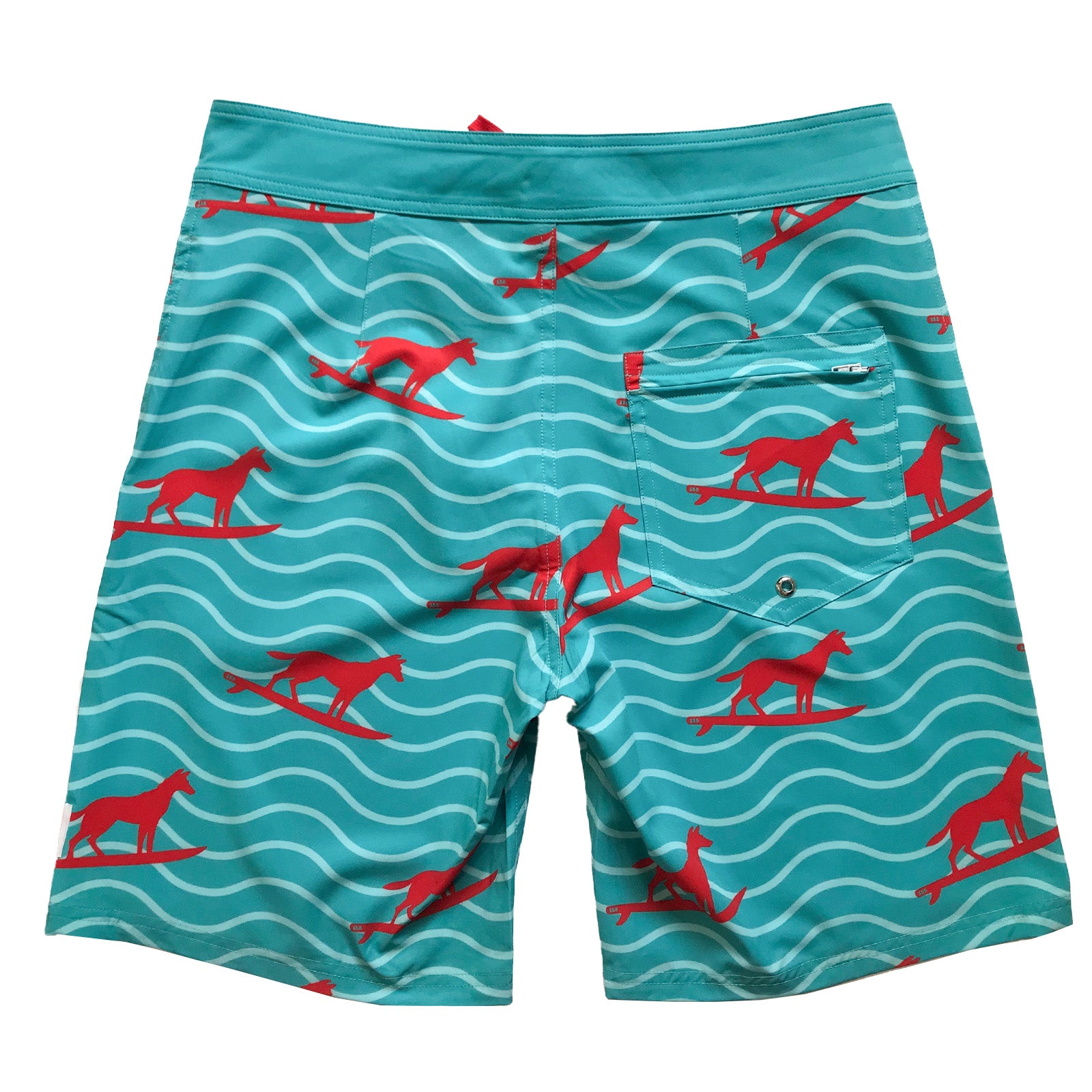 South Beach Boardies Mens Surfer Boardies made from recycled plastic bottles, Turquoise Dingo print, back