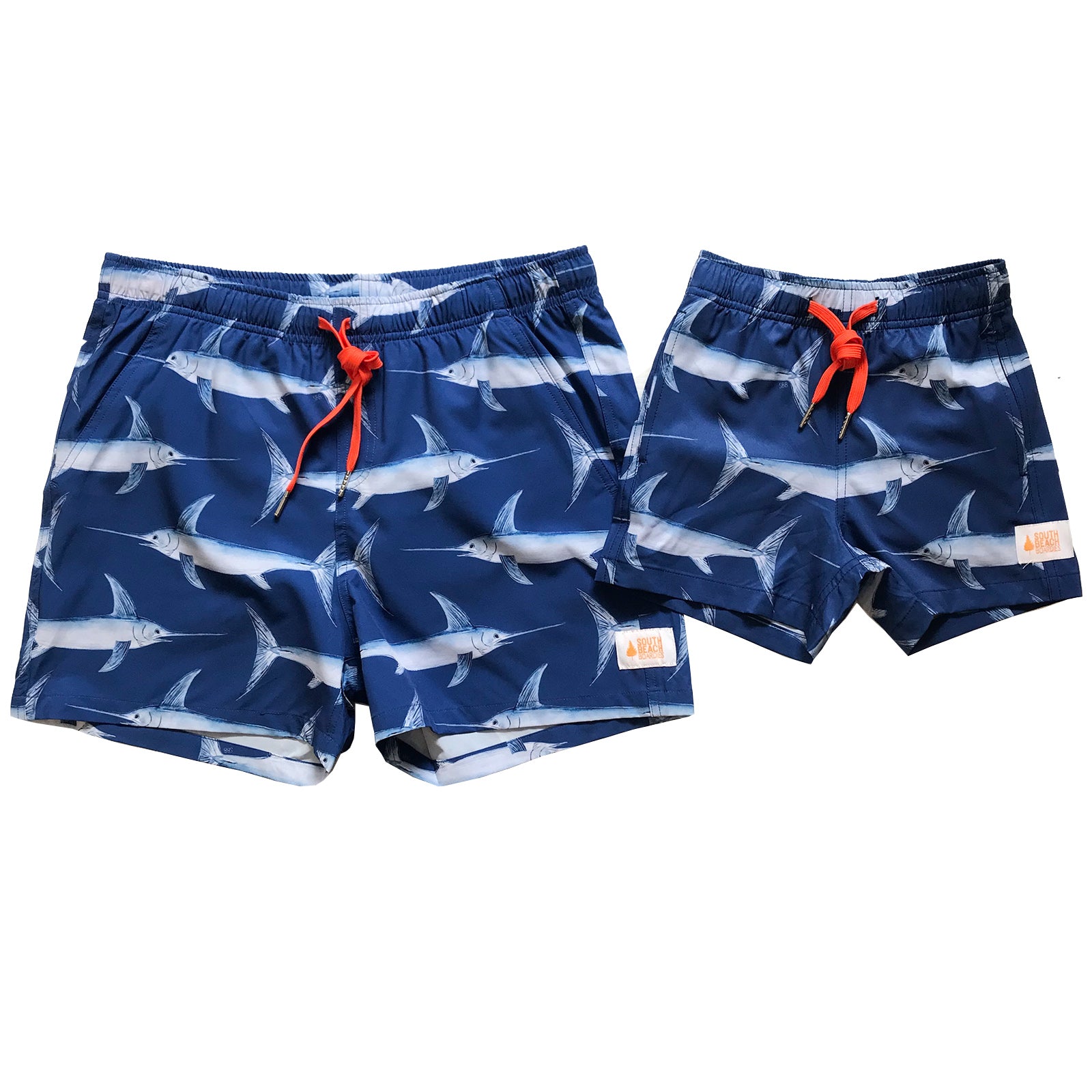 South Beach Boardies Mens and kids matching Stretchy Trunks made from recycled plastic bottles, Swordfish print sustainable shorts