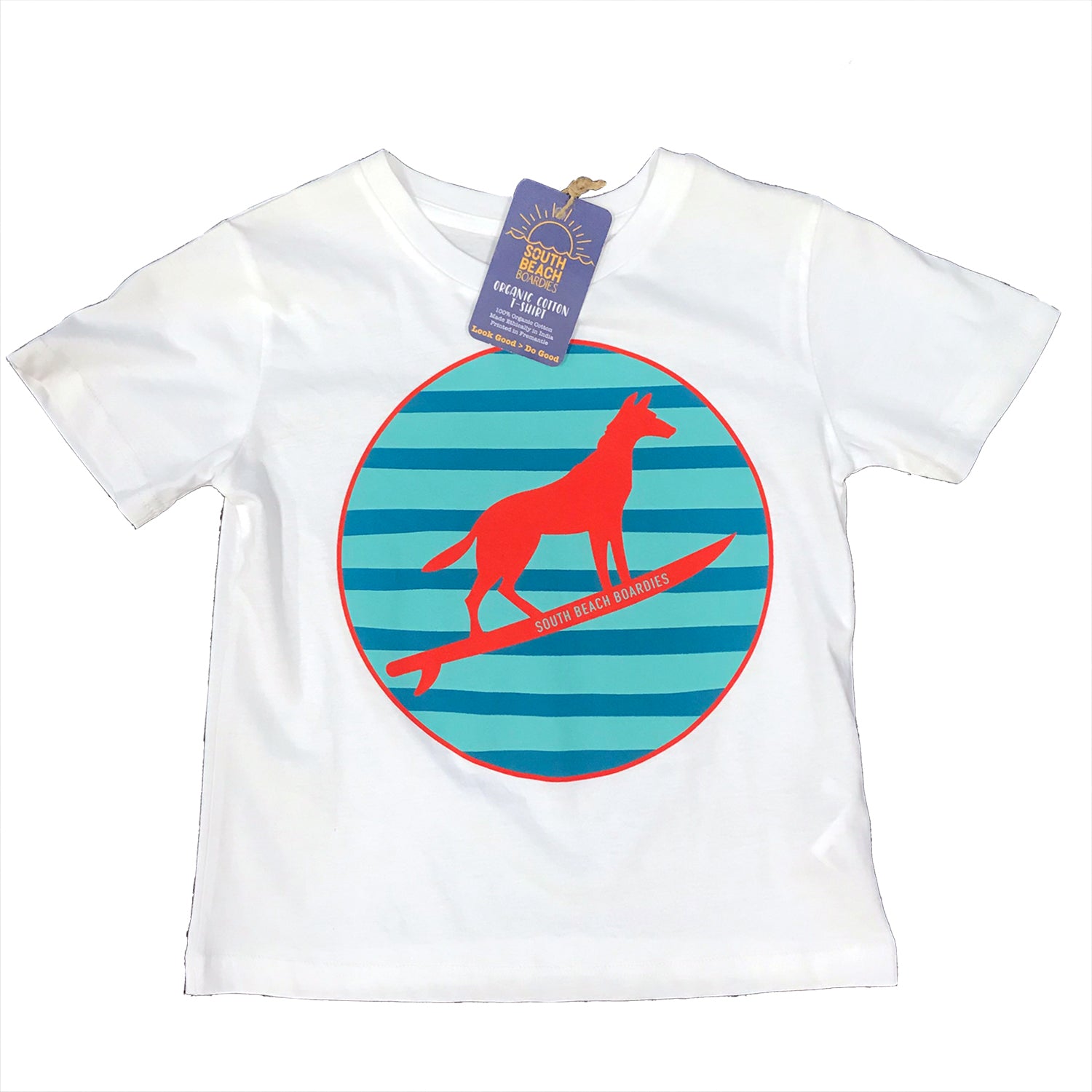 South Beach Boardies WHITE kids organic tshirt DINGO, front