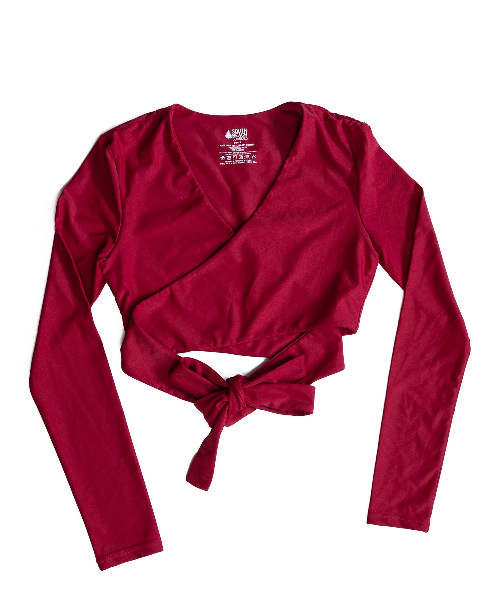 South Beach Boardies Women's Burgundy Rashie Shrug made from recycled fishing nets, front