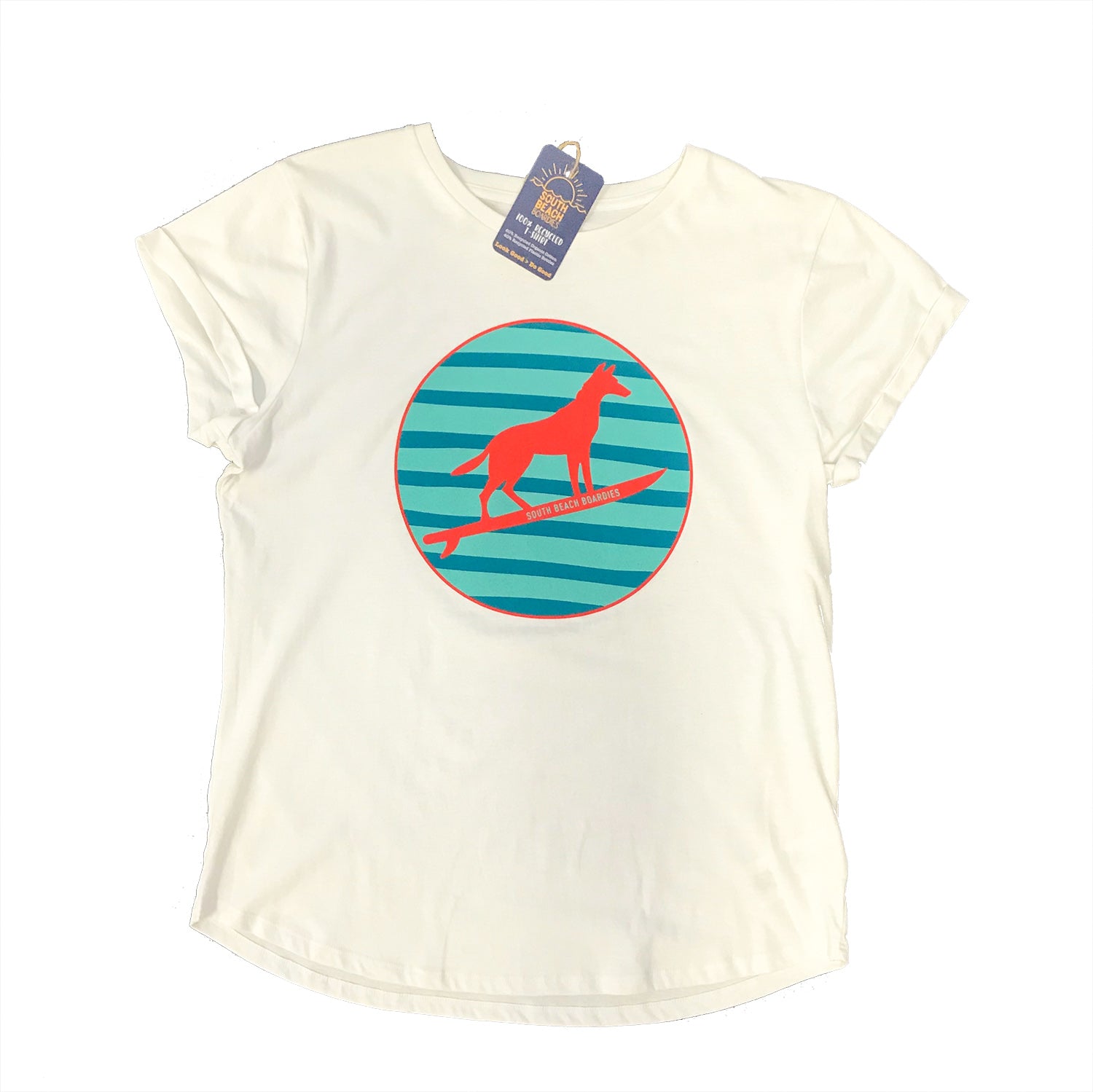 South Beach Boardies Women's recycled roll sleeved tshirt dingo white front