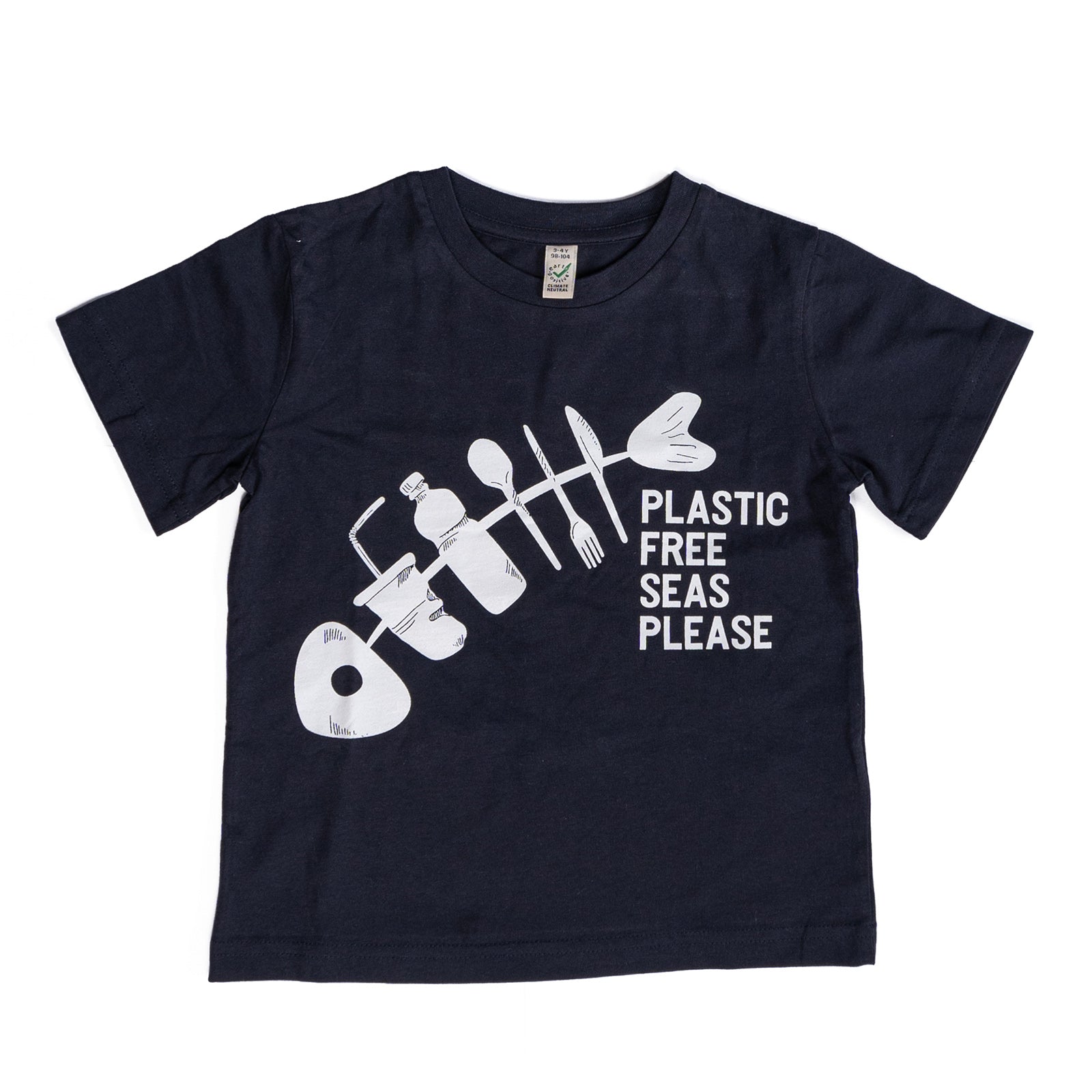 South Beach Boardies kids t-shirts made in Fremantle, navy unisex Plastic Free Seas Please, front