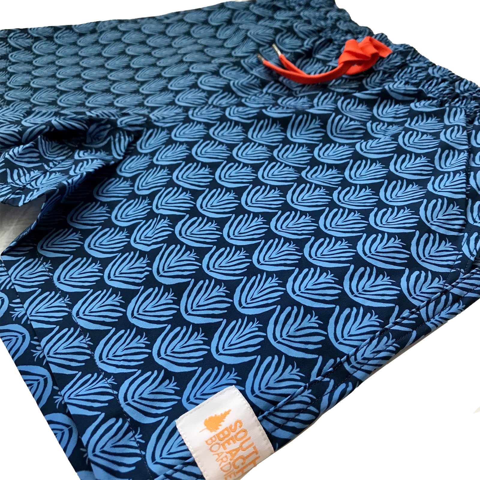 South Beach Boardies made from recycled plastic bottles, Mens Stretchy Trunks in Bluebush print, side