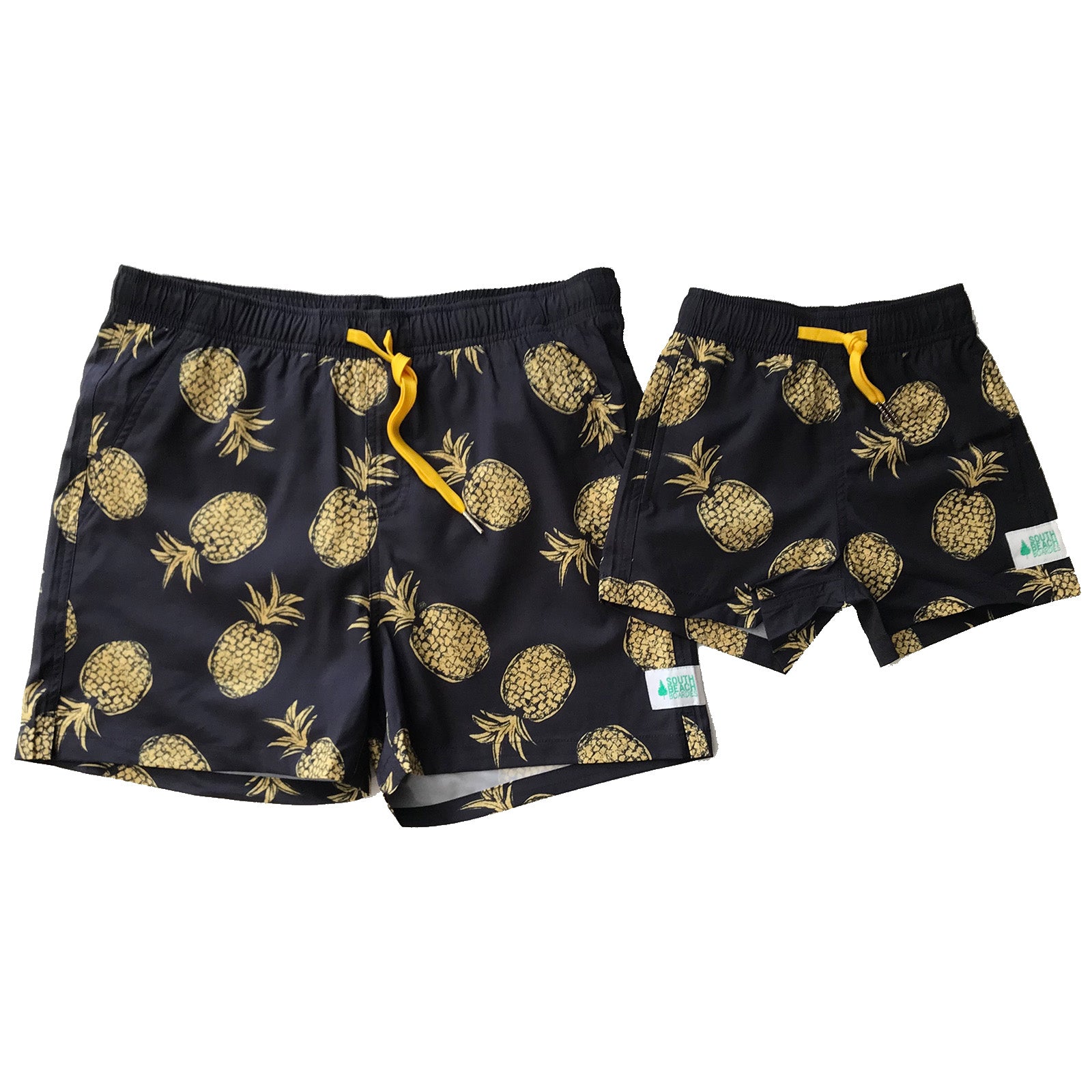 South Beach Boardies matching Kids and Mens Stretchy Boardies made from recycled plastic bottles Gold Pineapples