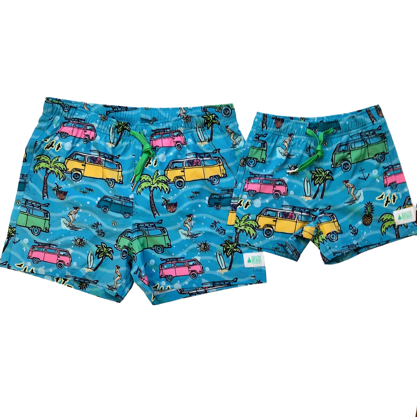 South Beach Boardies matching Mens & Kids Stretchy Trunks made from recycled plastic bottles, Kombi Nation print.