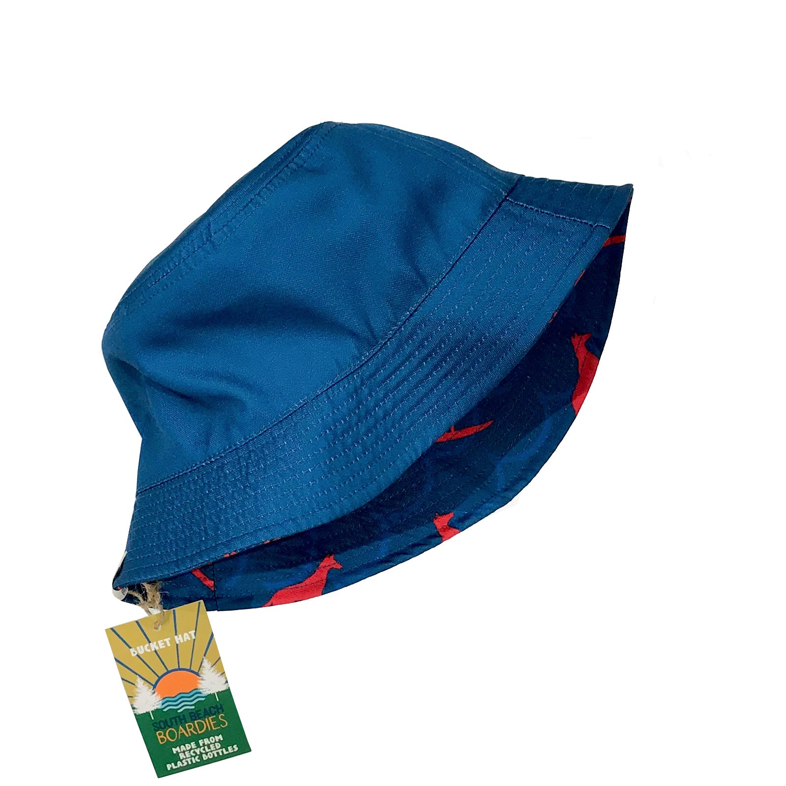 South Beach Boardies reversible bucket hat from recycled plastic bottles, solid colour side, dingo print reverse