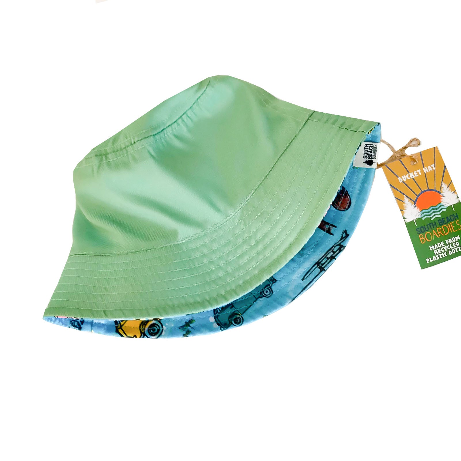 South Beach Boardies reversible bucket hat from recycled plastic bottles, solid print side, Kombi reverse print seagreen