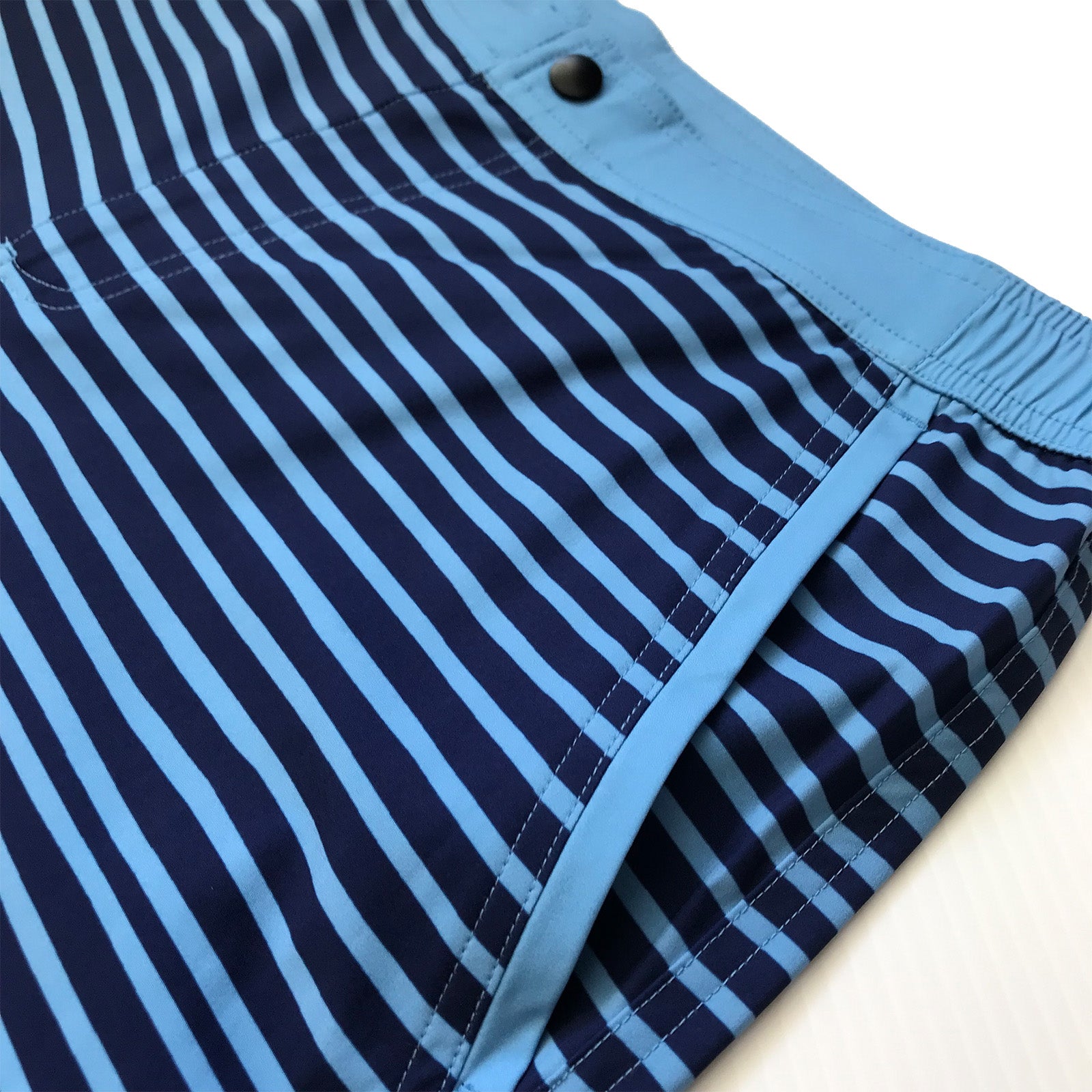 South Beach Boardies sustainable Mens Hybrid Boardies, made from recycled plastic bottles, Blue Stripe, close up of side pocket