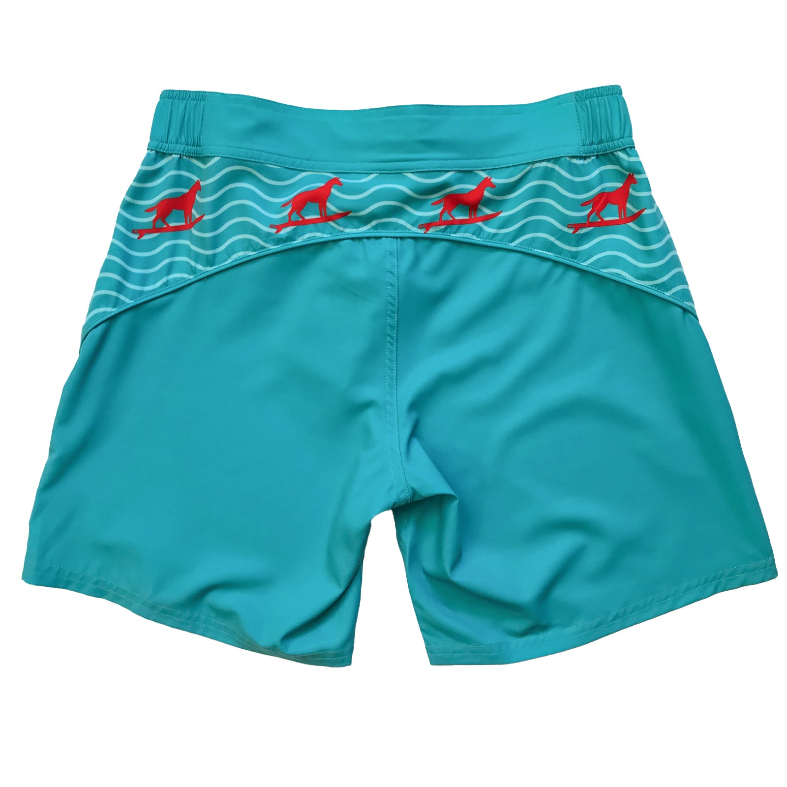 South Beach Boardies sustainable Women's Mid-Length Boardies made from recycled plastic bottles, Turquoise Dingo print, back