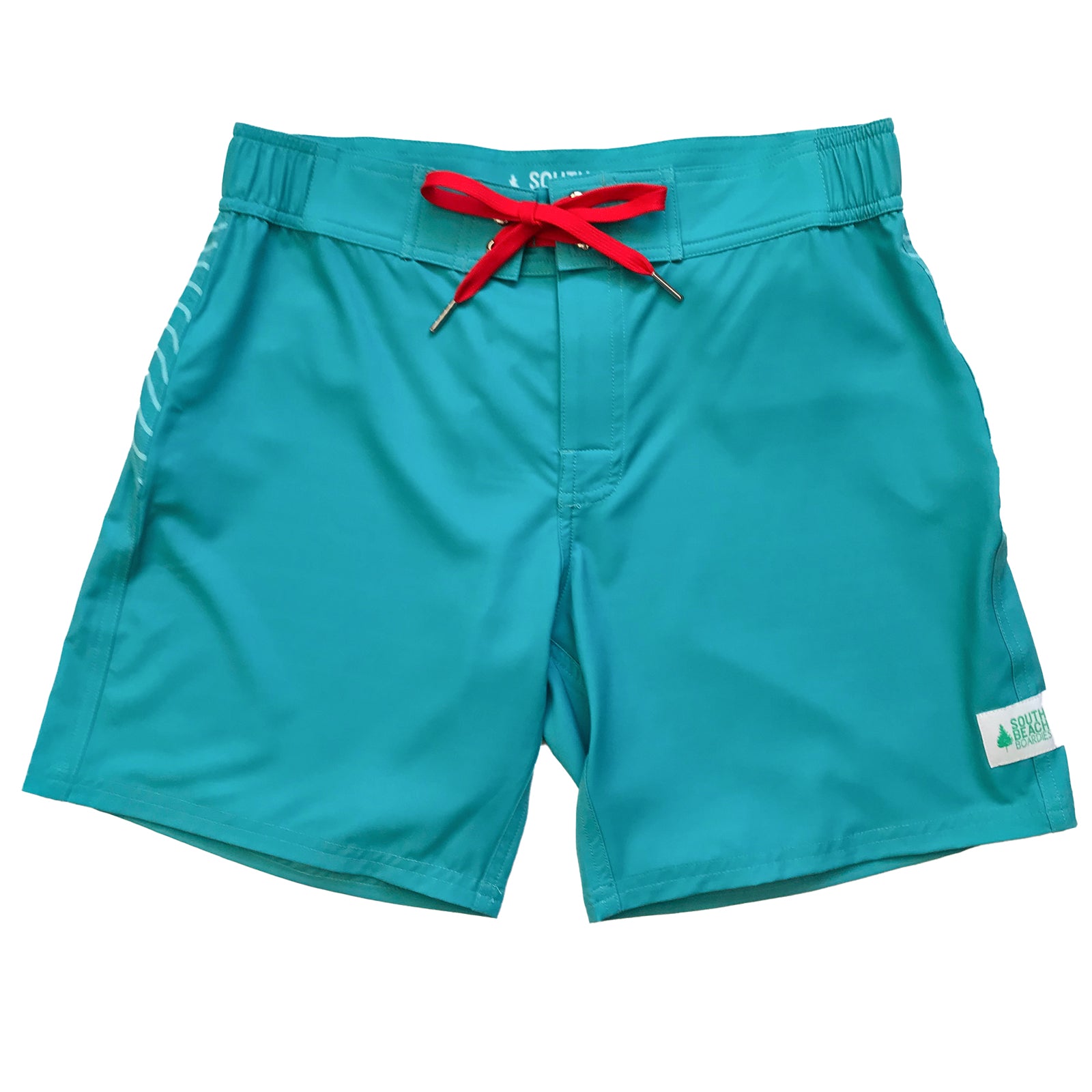 South Beach Boardies sustainable Women's Mid-Length Boardies made from recycled plastic bottles, Turquoise Dingo print, front