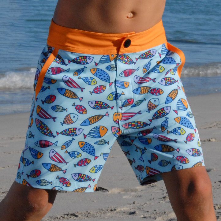 South Beach Boadies from recycled plastic. Kids Going Out Boardies in Hooray for Fish, moving front view