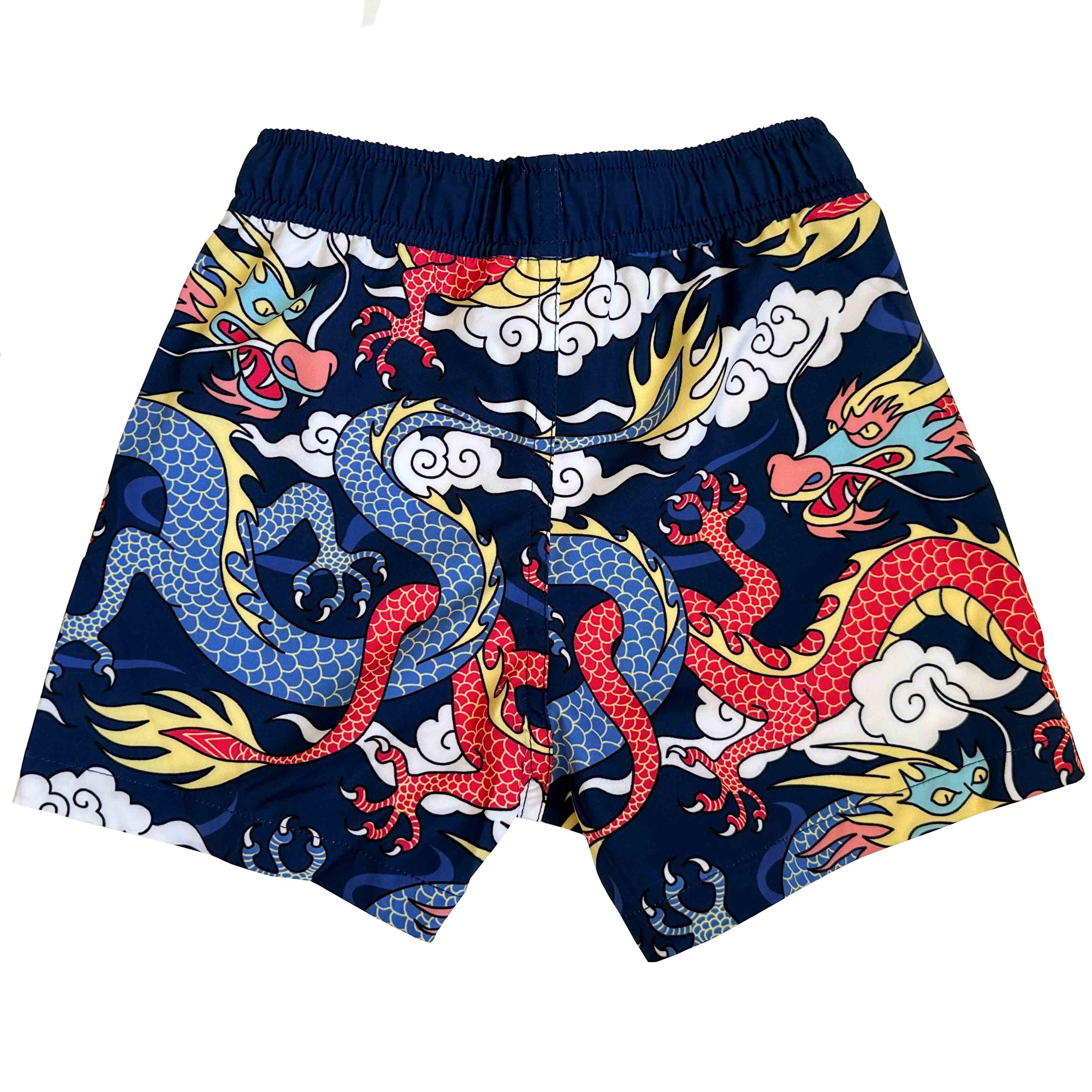 Kids Stretchy Trunks Year of the Dragon made from recycled plastic bottles by South Beach Boardies. back view