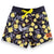 West Australian wattle patterned shorts with yellow flowers and grey leaves on a dark background, by South Beach Boardies x Helen Ansell, front view