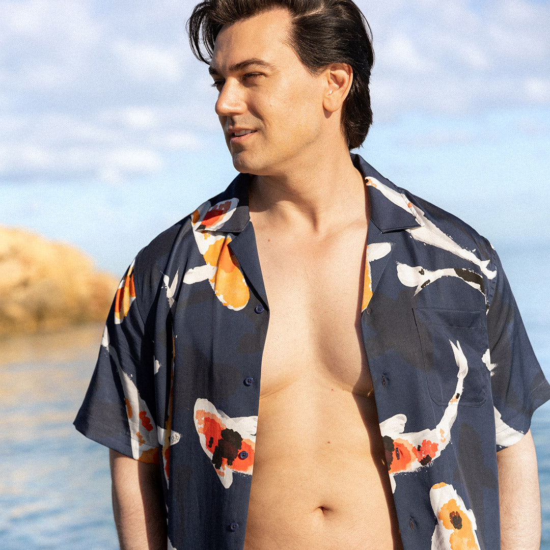 Koi carp Cubano shirt made from eucalytus tencel by South Beach Boardies