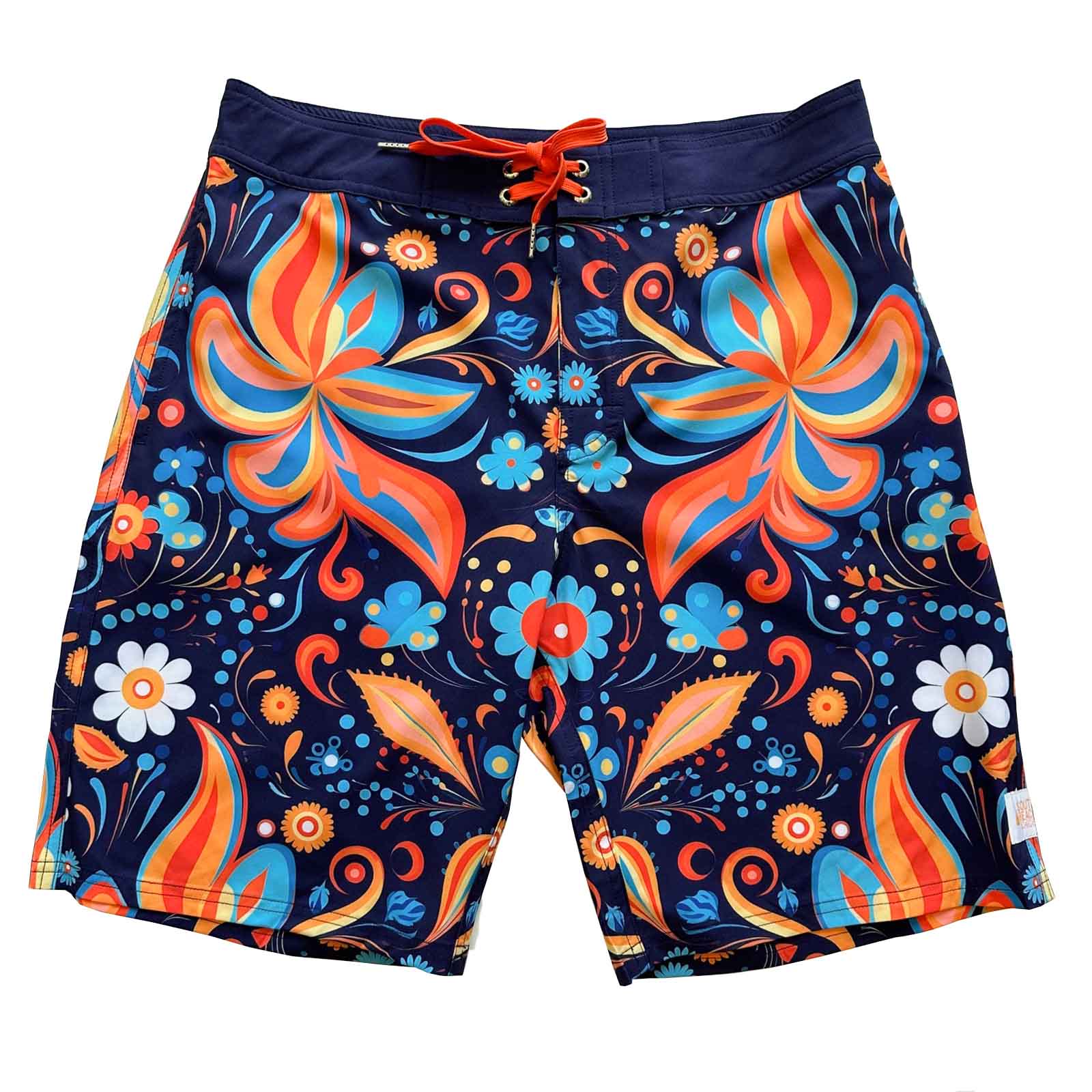 Mens Surfer Boardies from Recycled Plastic Bottles, Flourish print front view