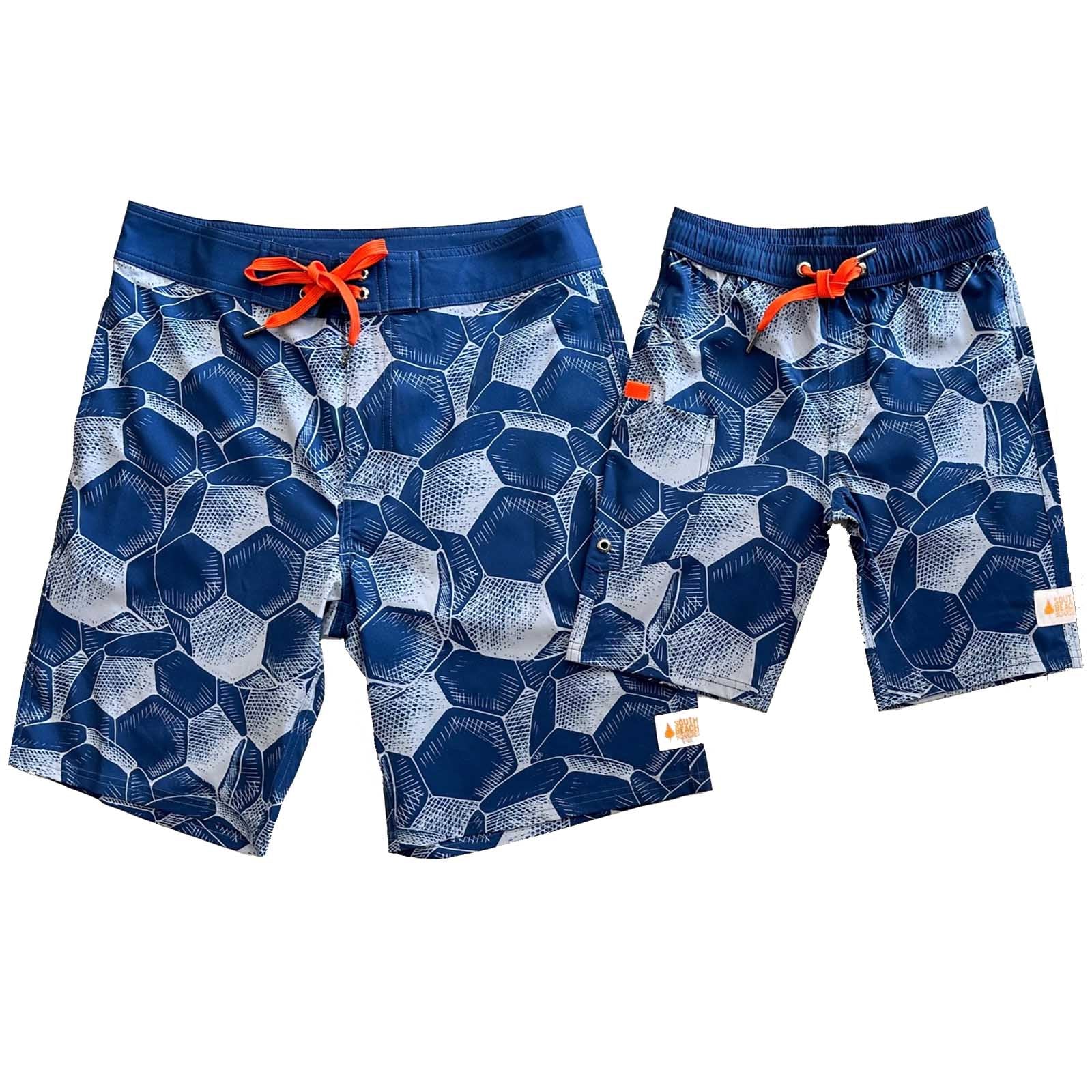 Mens and Kids Matching Surfer Boardies from Recycled Plastic Bottles, Baller football print front copy.jpg