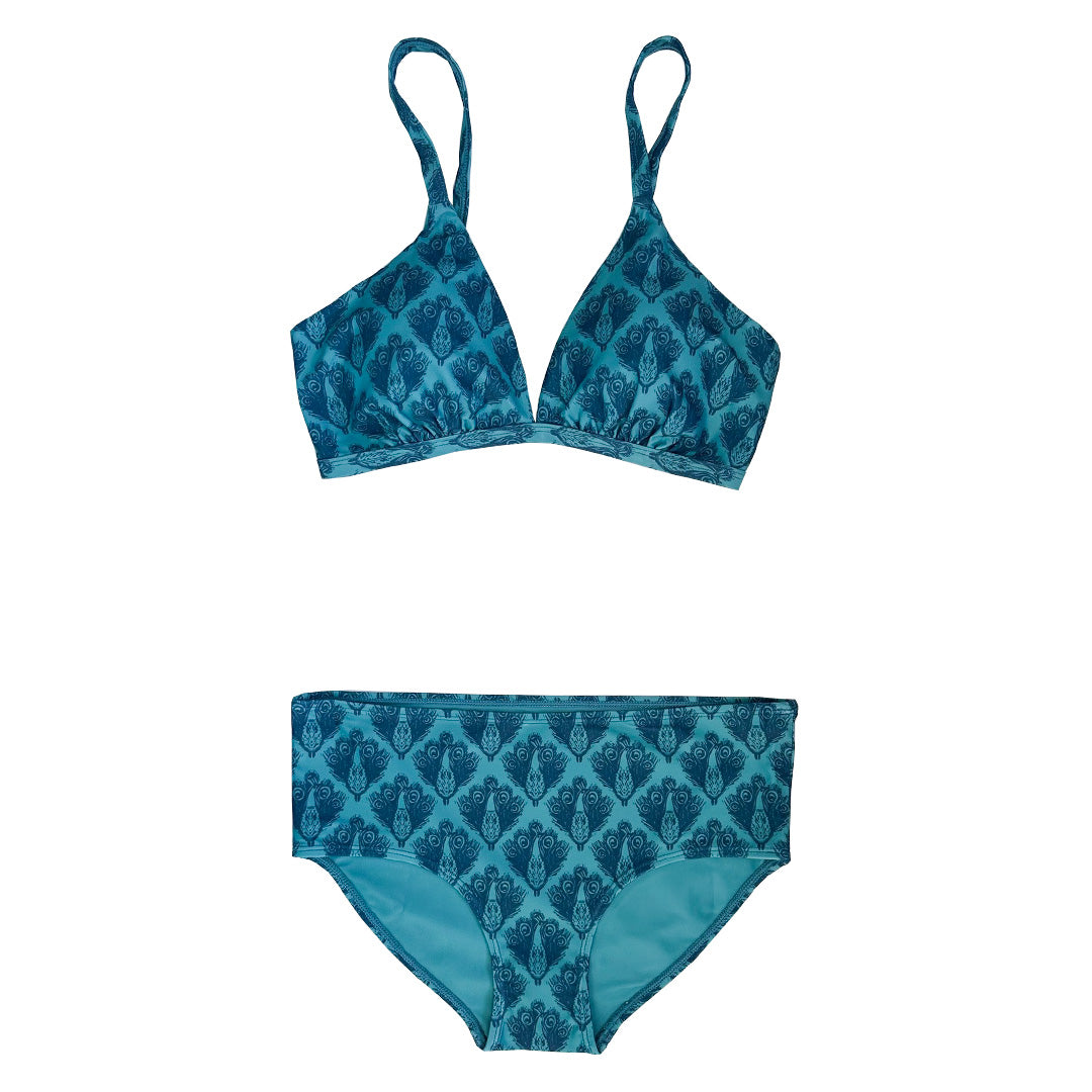 SBB WOMENS Matching Bikini and Bottoms FROM RECYCLED PLASTIC BOTTLES Peacock Blue print
