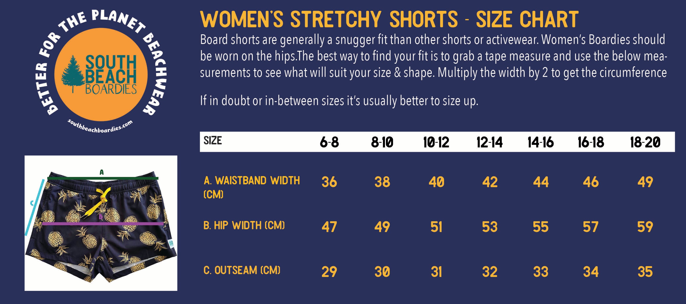 Size Chart for South Beach Boardies Better for the Planet Beachwear, Women's Stretchy Shorts boardies