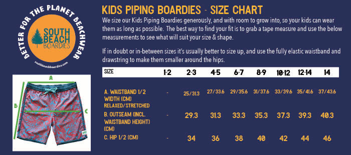 South Beach Boardies Kids Piping Boardies made from Recycled Plastic Bottles size chart