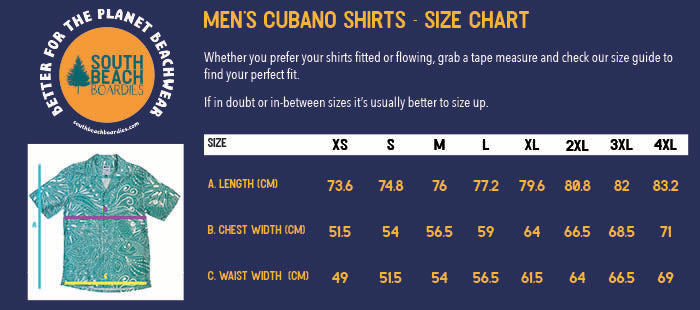 South Beach Boardies Men's Cubano Shirt made from Eucalyptus Tcncel Better for the Planet Beachwear size chart