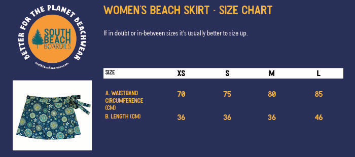 SBB WOMENS BEACH SKIRT FROM RECYCLED PLASTIC BOTTLES, SIZE CHART