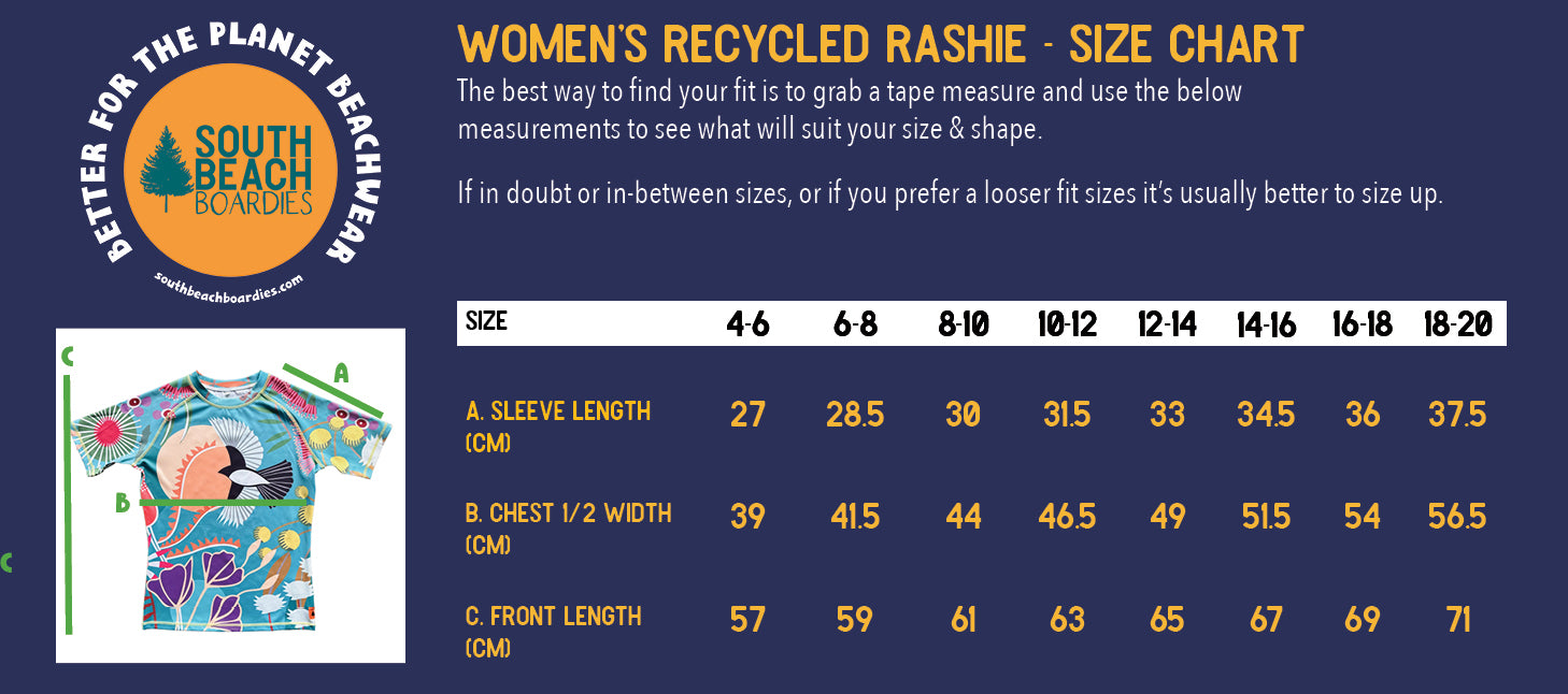 South Beach Boardies women's recycled rashie size chart with product image on a blue background
