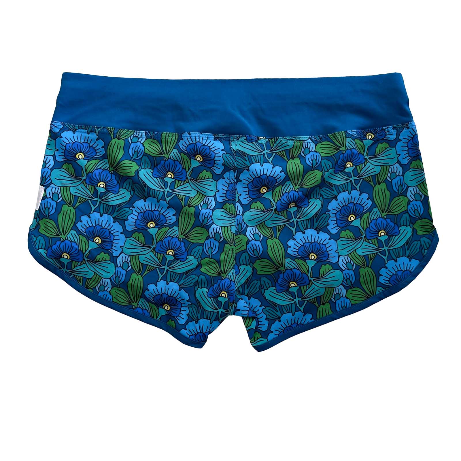 South Beach Boardies Cute butt Boardies in Blue Flowers, made from recycled plastic bottles, back view