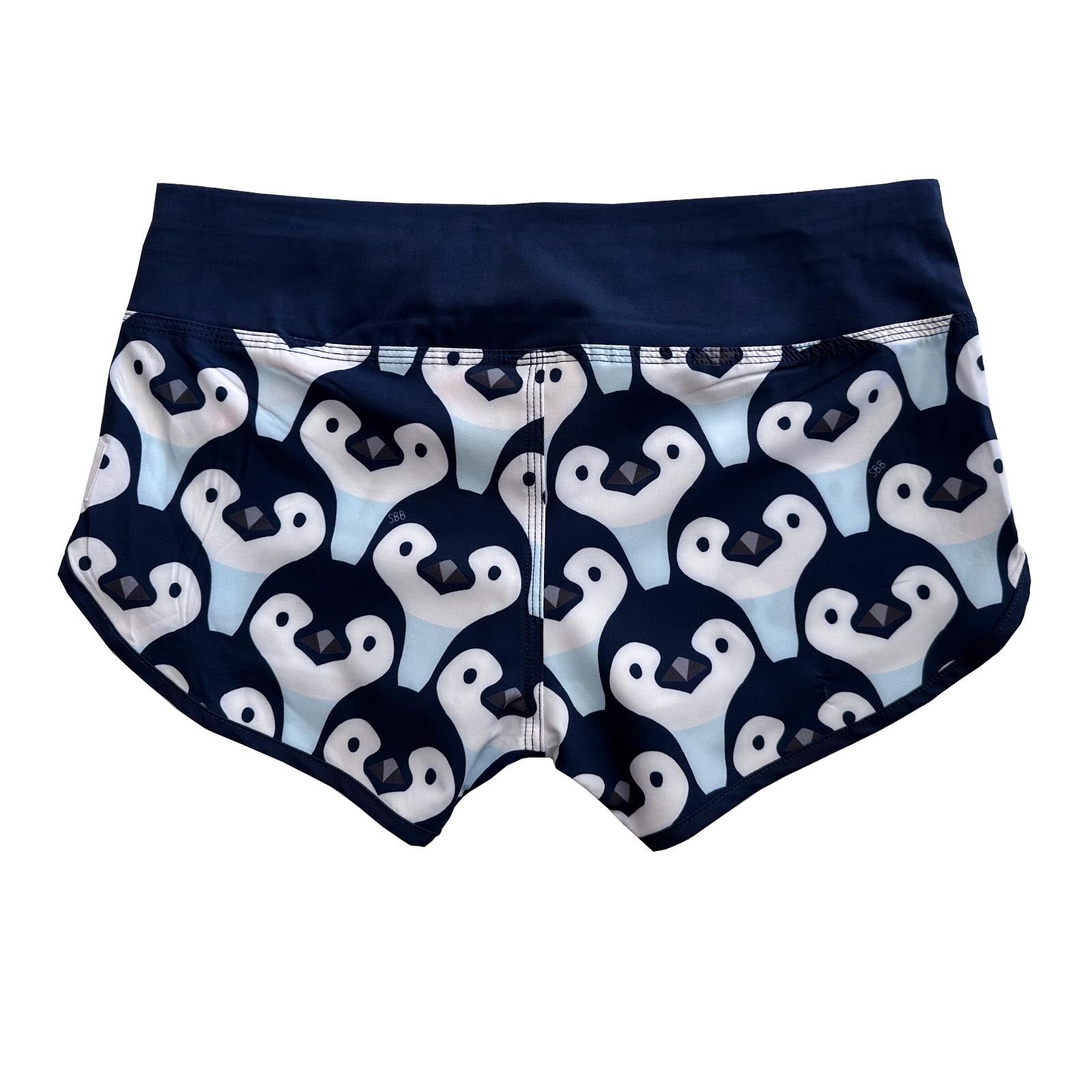 South Beach Boardies Cute butt Boardies in Penguin Parade, made from recycled plastic bottles, back view 