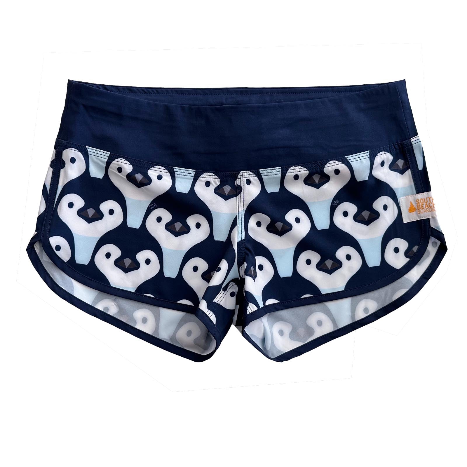 South Beach Boardies Cute butt Boardies in Penguin Parade, made from recycled plastic bottles, front view