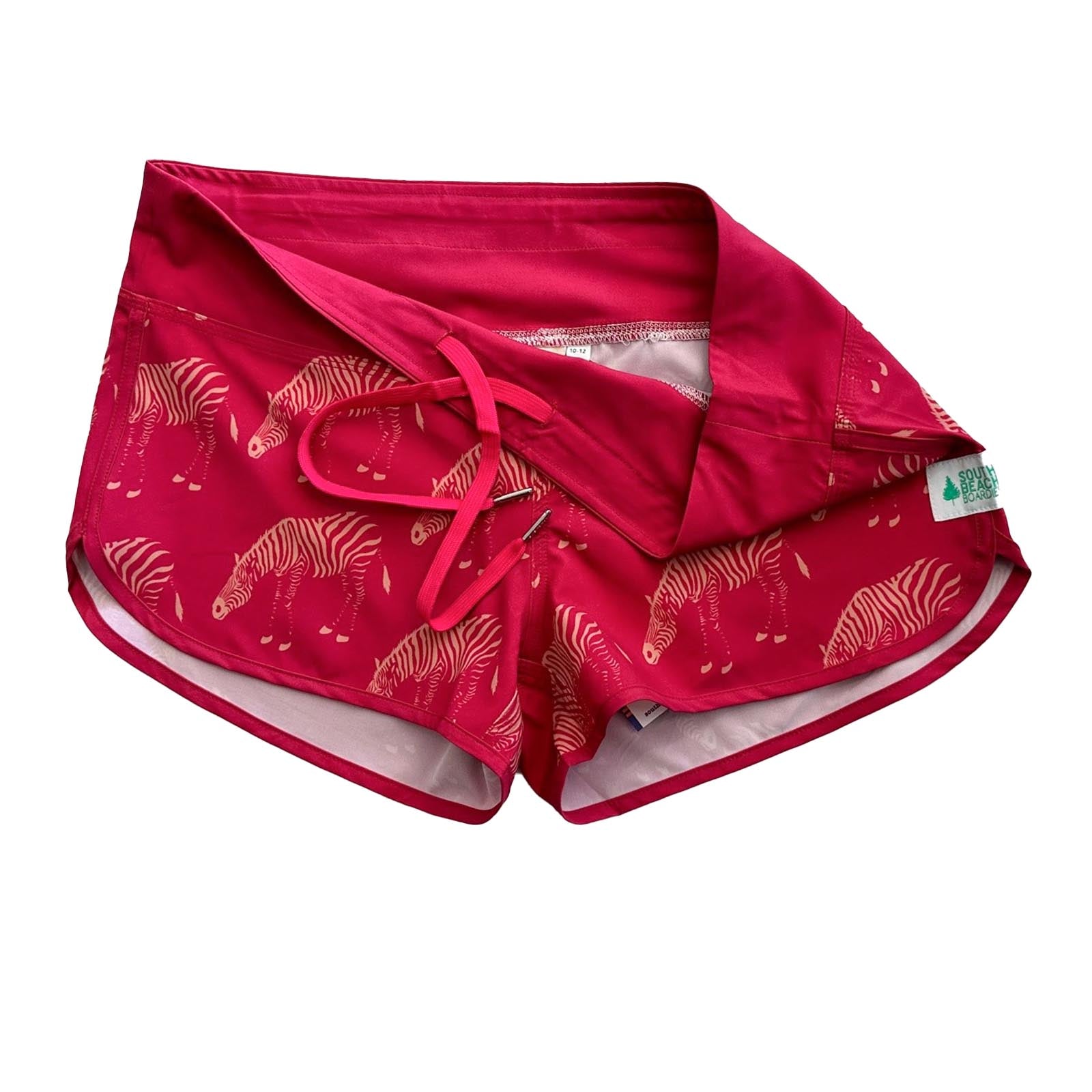 South Beach Boardies Cute butt Boardies in Pink Zebra, made from recycled plastic bottles, drawstring view