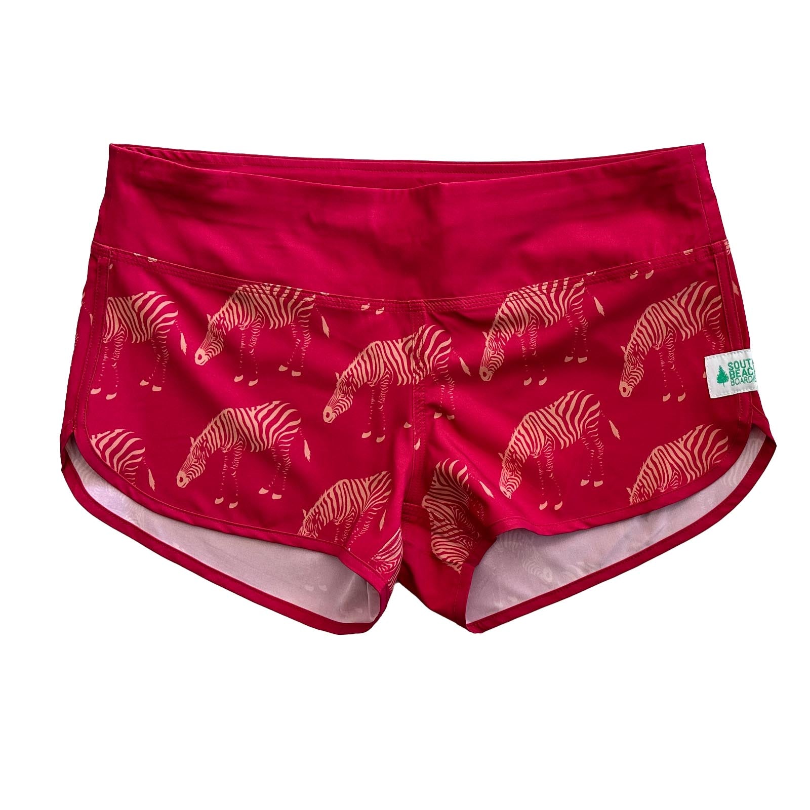 South Beach Boardies Cute butt Boardies in Pink Zebra, made from recycled plastic bottles, front iew