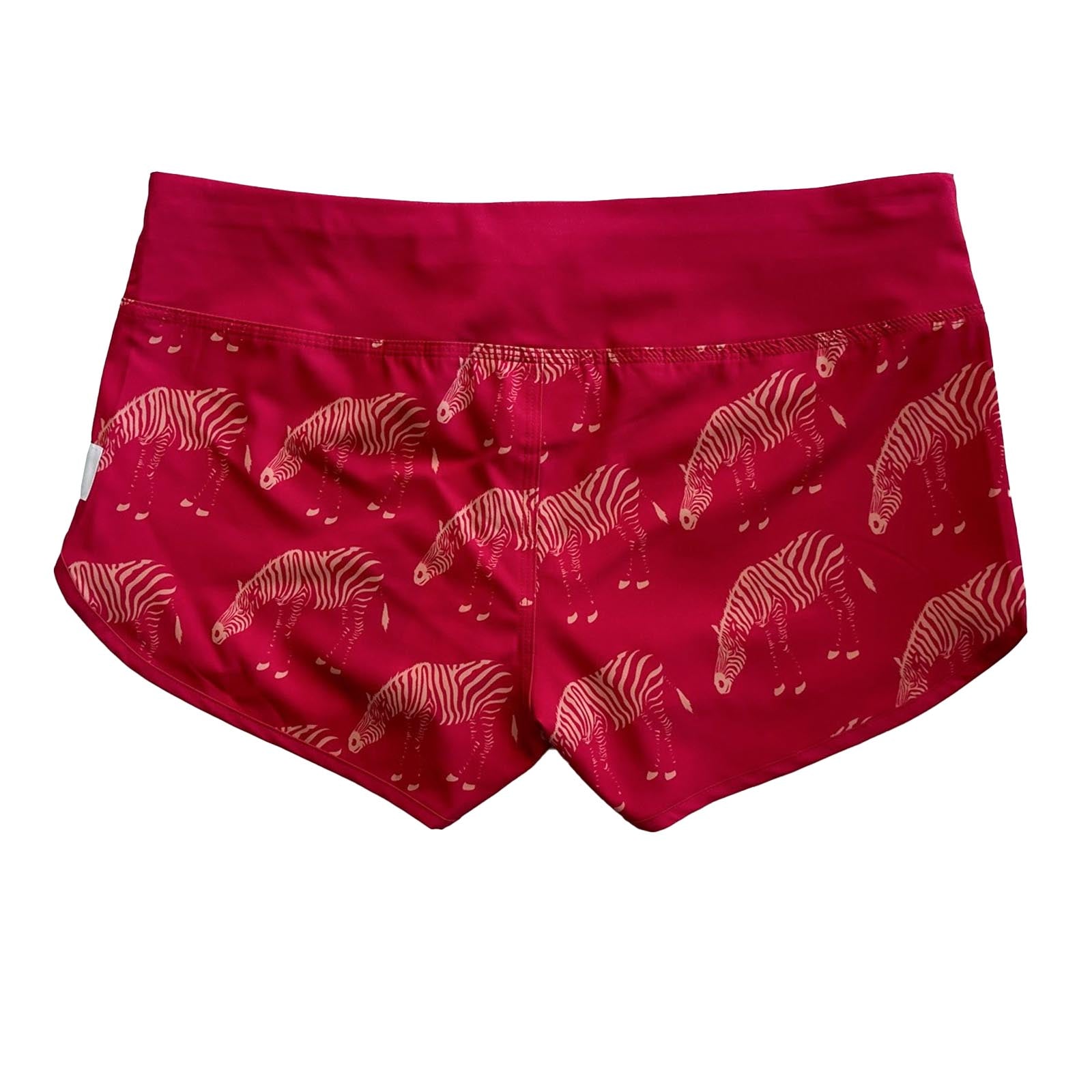 South Beach Boardies Cute butt Boardies in Pink Zebras, made from recycled plastic bottles, back view.