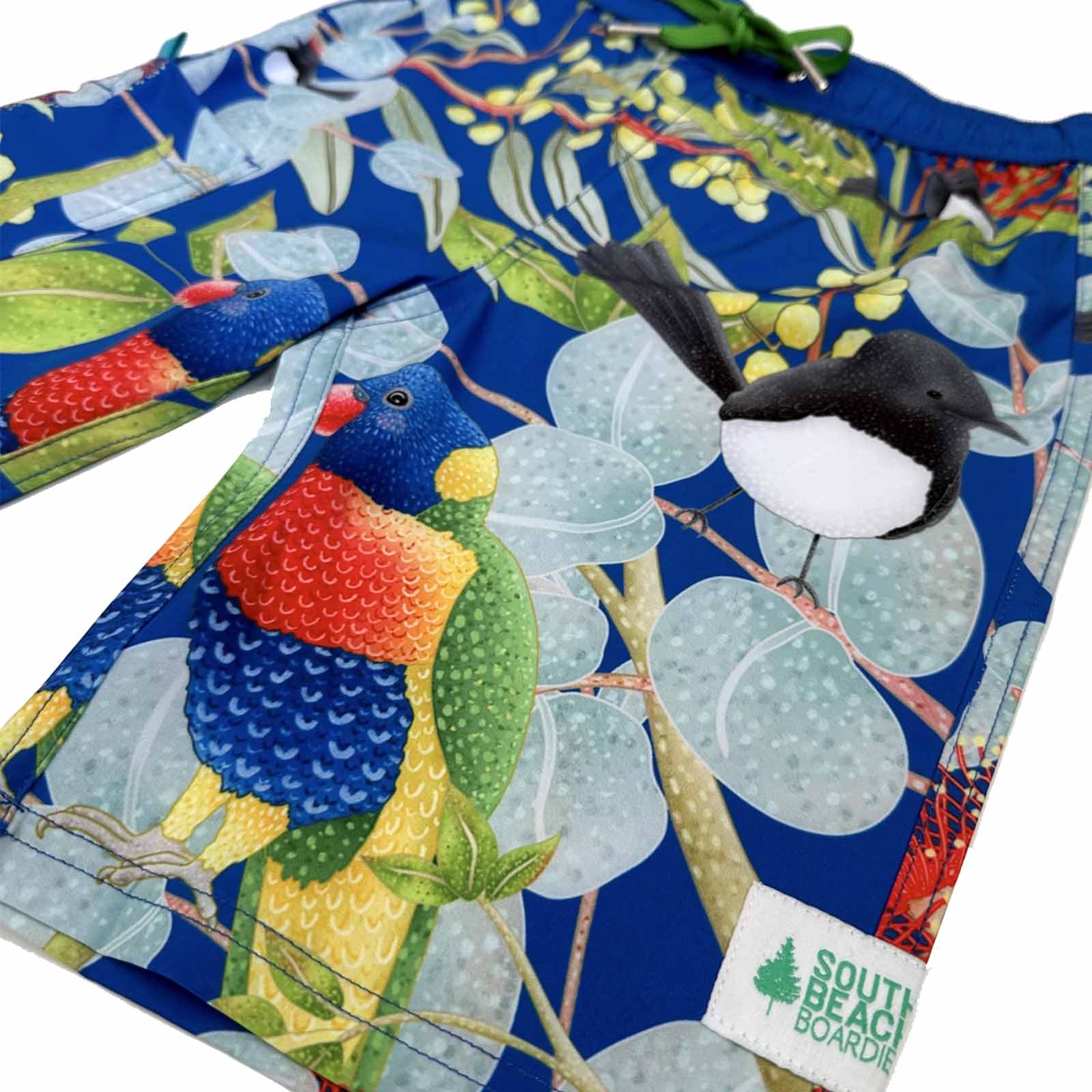 South Beach Boardies Kids Long Board Shorts in Djiti Djiti Willy Wagtail Fundraiser print made from recycled plastic bottles, side angle view