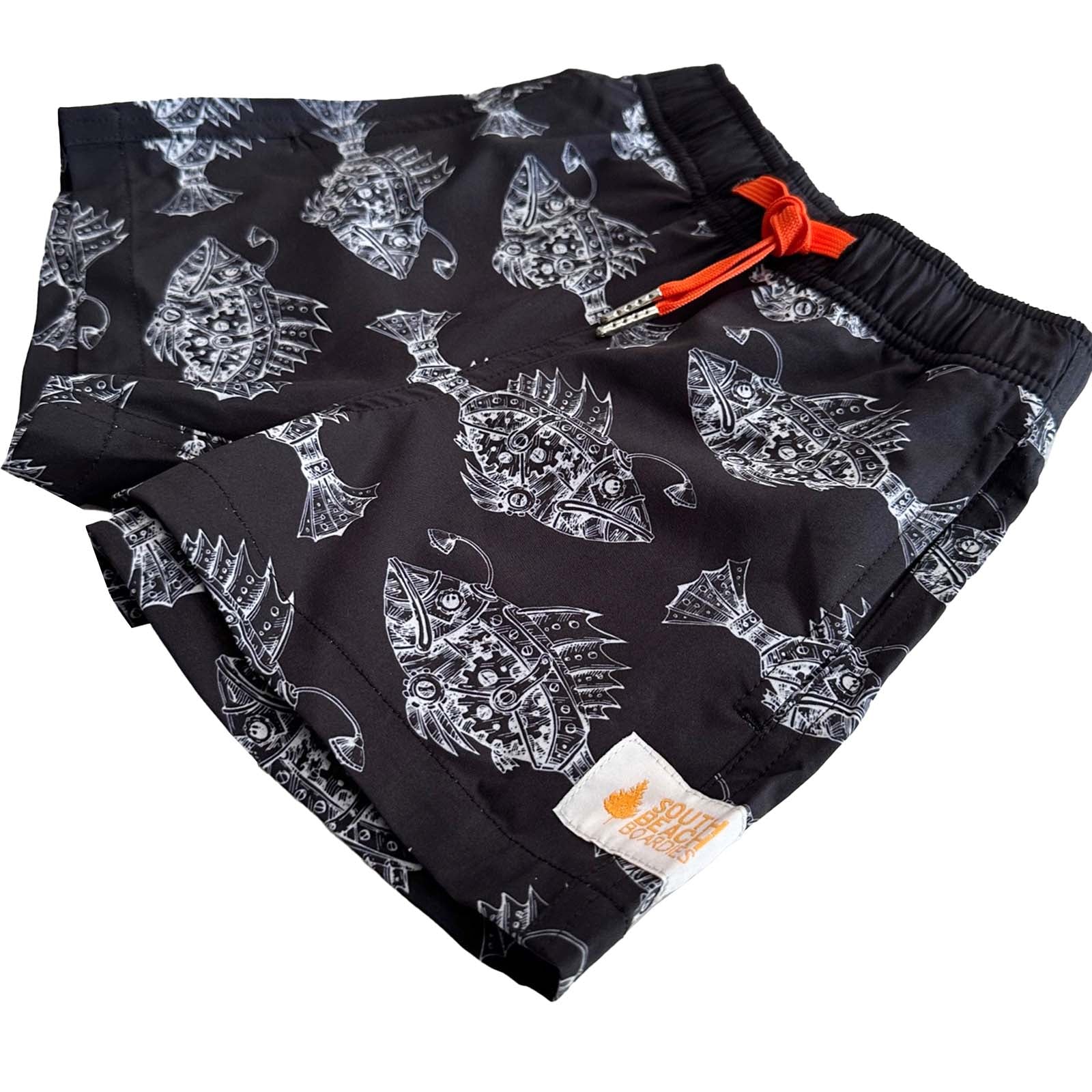 South Beach Boardies Kids Stretchy Trunks made from recycled plastic bottles, Anglerfish side leg view