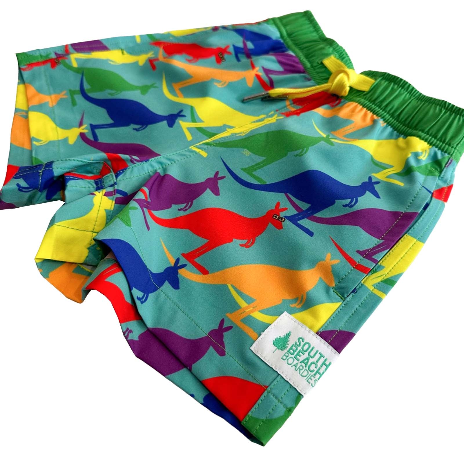 South Beach Boardies Kids Stretchy Trunks made from recycled plastic bottles, Aussie Pride Kangaroos print side legview