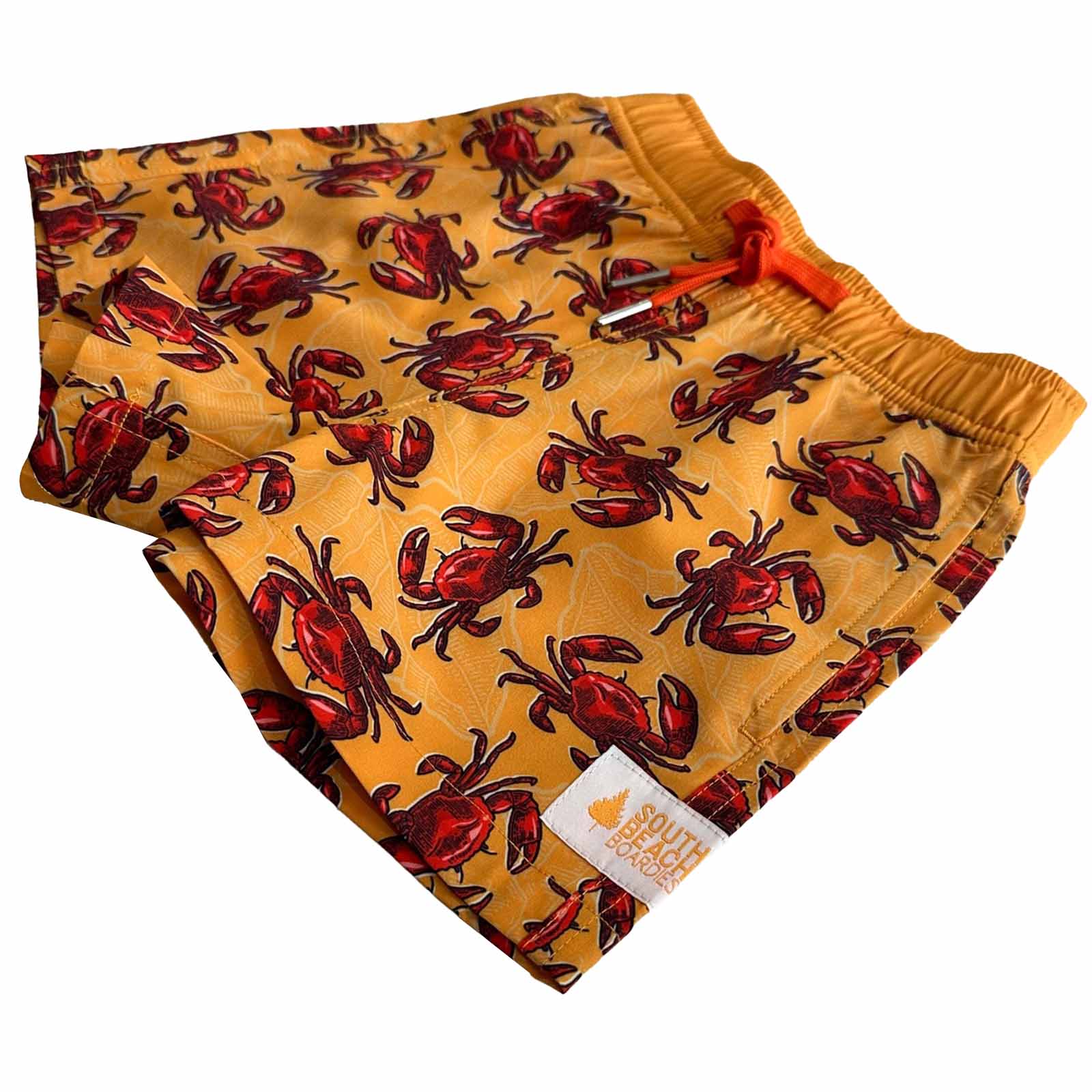 South Beach Boardies Kids Stretchy Trunks made from recycled plastic bottles, Crabs print, side angle view.