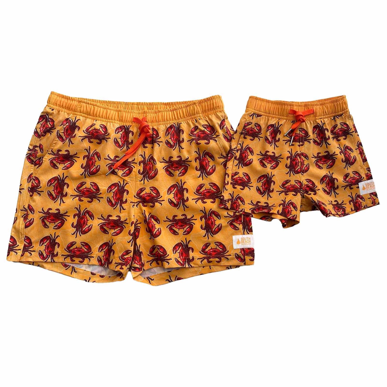 South Beach Boardies Matching Men's and Kids Stretchy Trunks made from recycled plastic bottles, CRabs print.