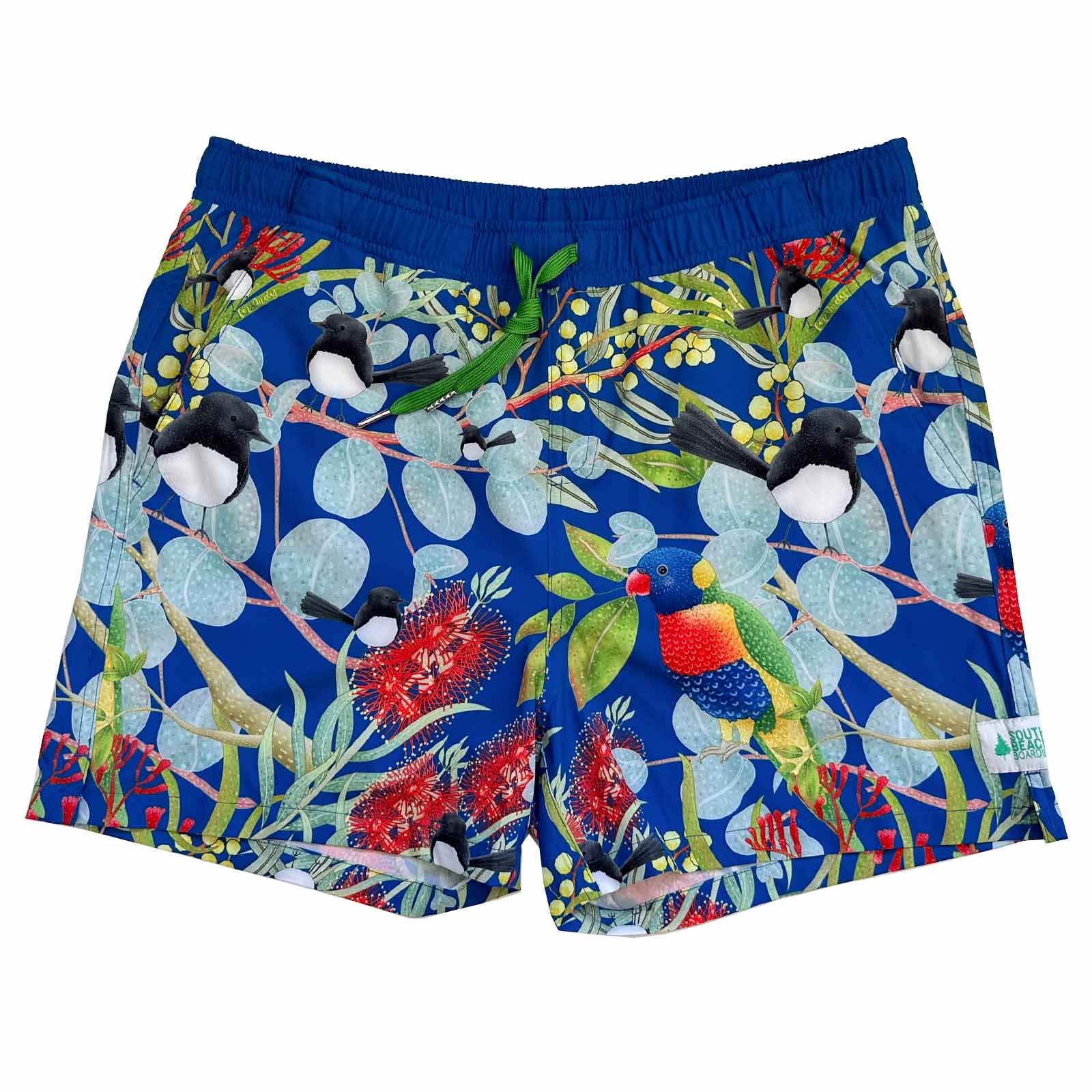 South Beach Boardies Men's Stretchy Trunks made by South Beach Boardies from recycled plastic bottles, Djiti Djiti Willy Wagtail front view 