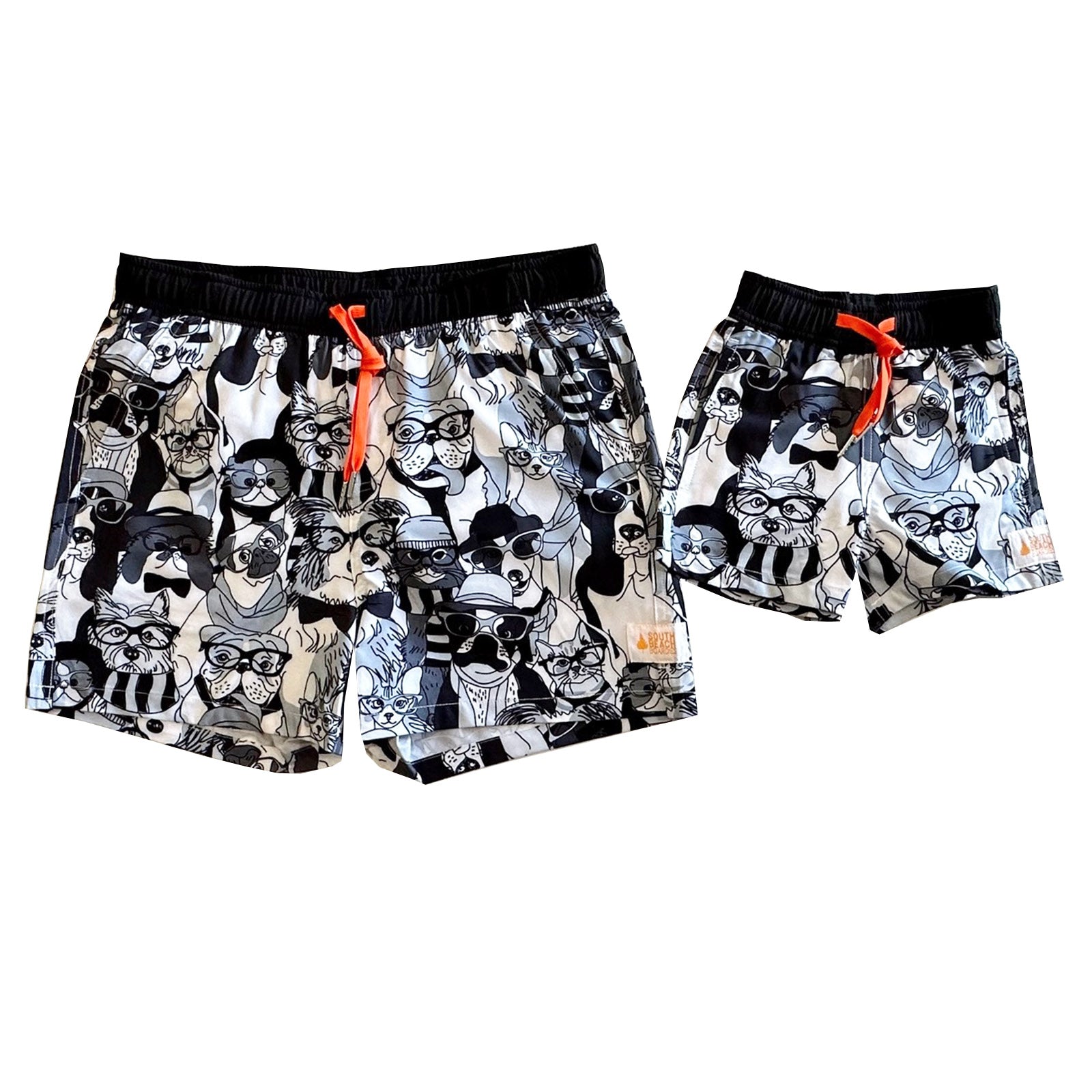 South Beach Boardies Men's Stretchy Trunks made from recycled plastic bottles, Dogs are the best people print, matching kids and dads boardies