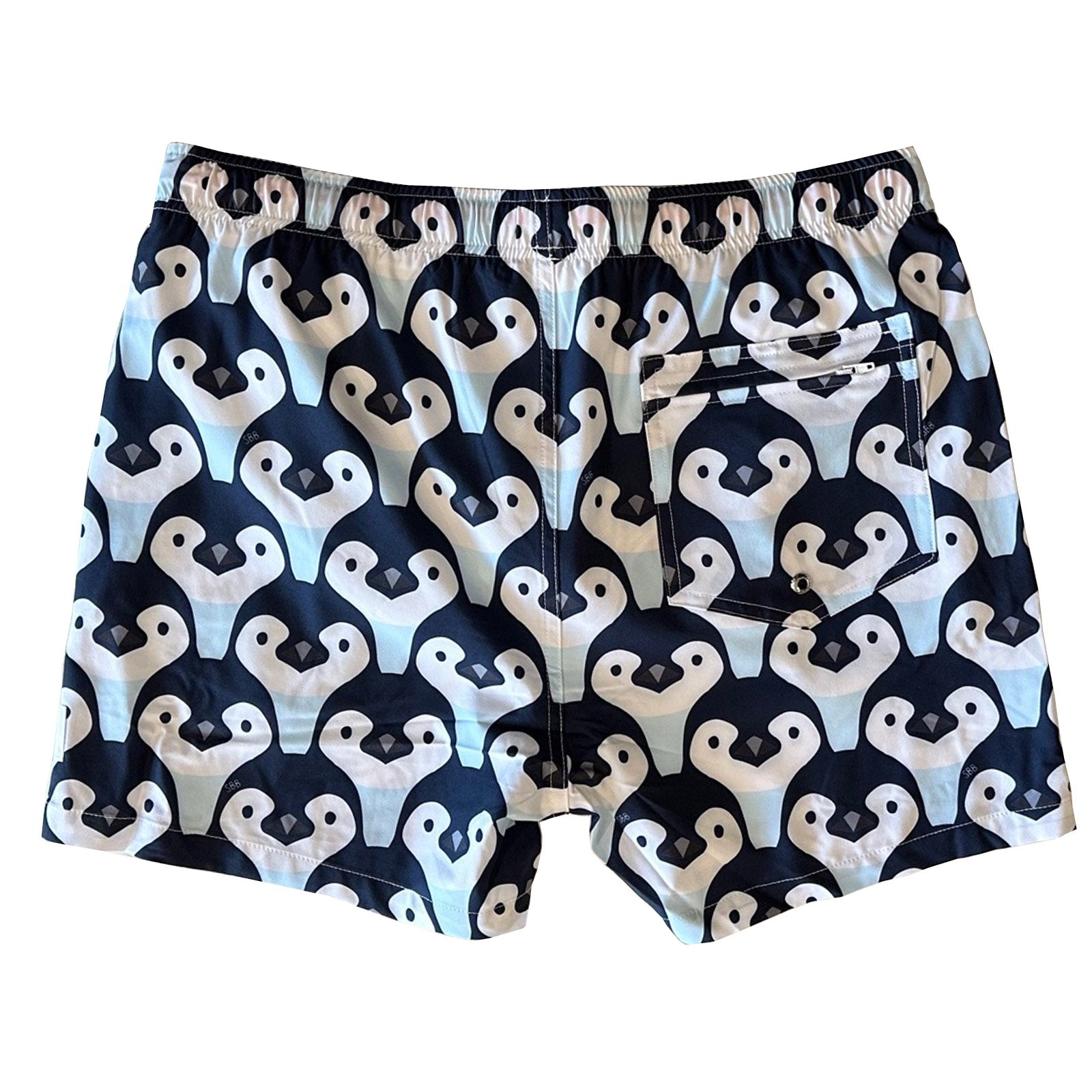 South Beach Boardies Men's Stretchy Trunks in Penguin Parade Print, made from recycled plastic bottles, back view