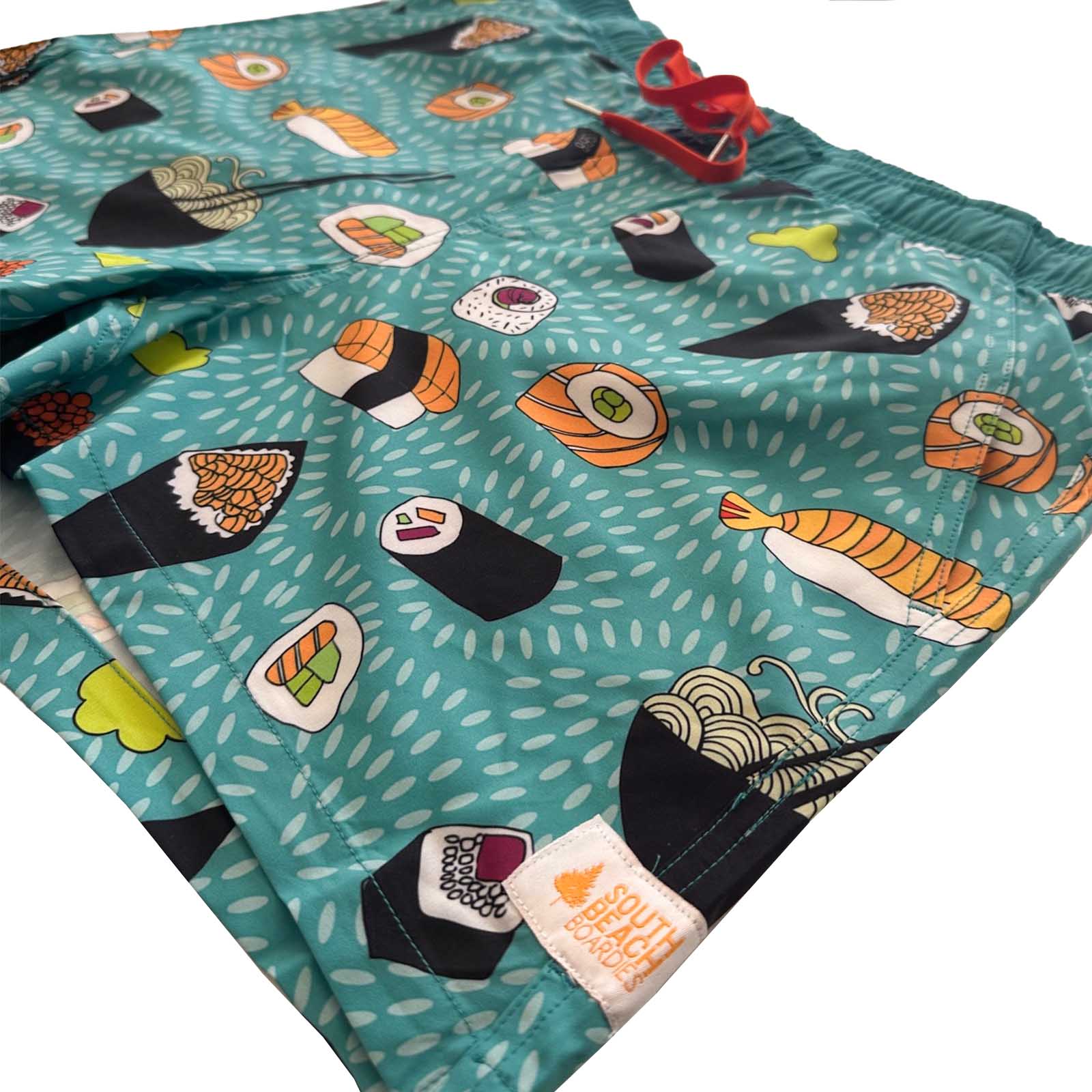 South Beach Boardies Men's Stretchy Trunks made from recycled plastic bottles, Sushi Sushi print, side leg view