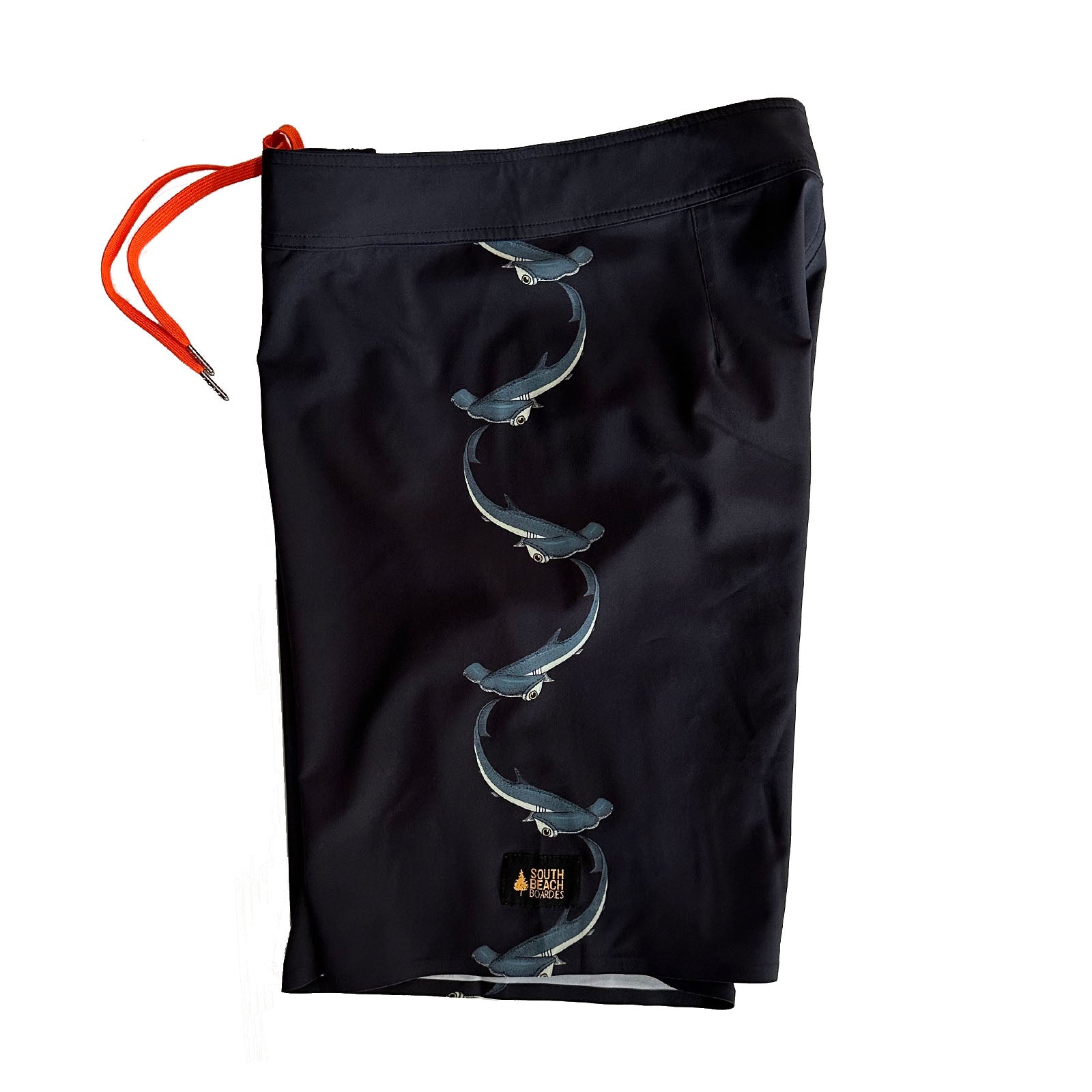 South Beach Boardies Mens Performance boardies made from recycled plastic bottles, Hammerhead print, side leg view.