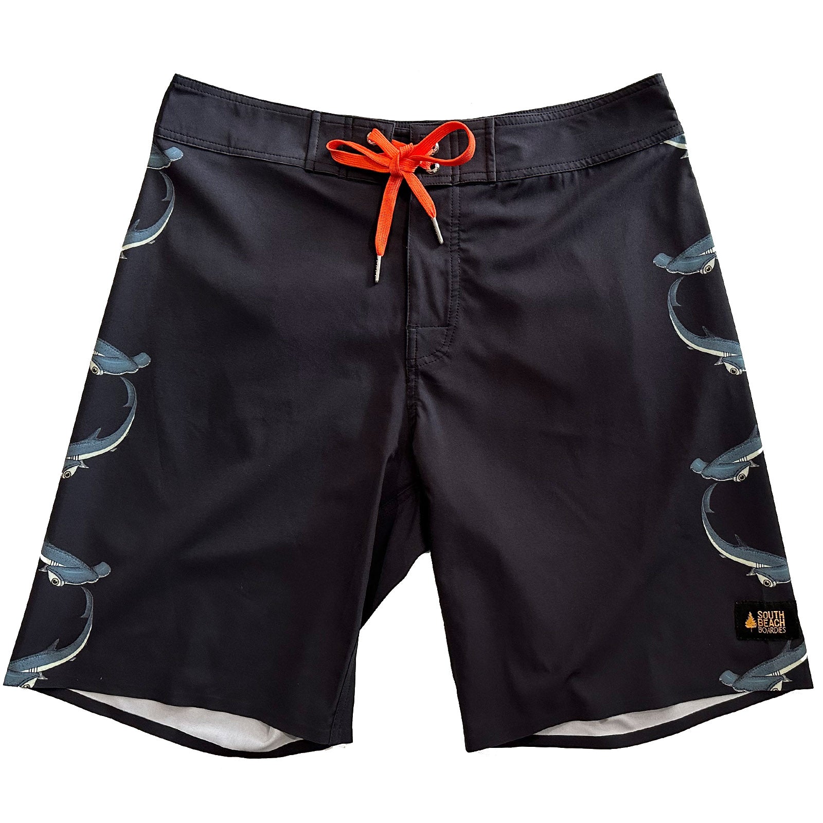 South Beach Boardies Mens Performance boardies made from recycled plastic bottles, Hammerhead print, front