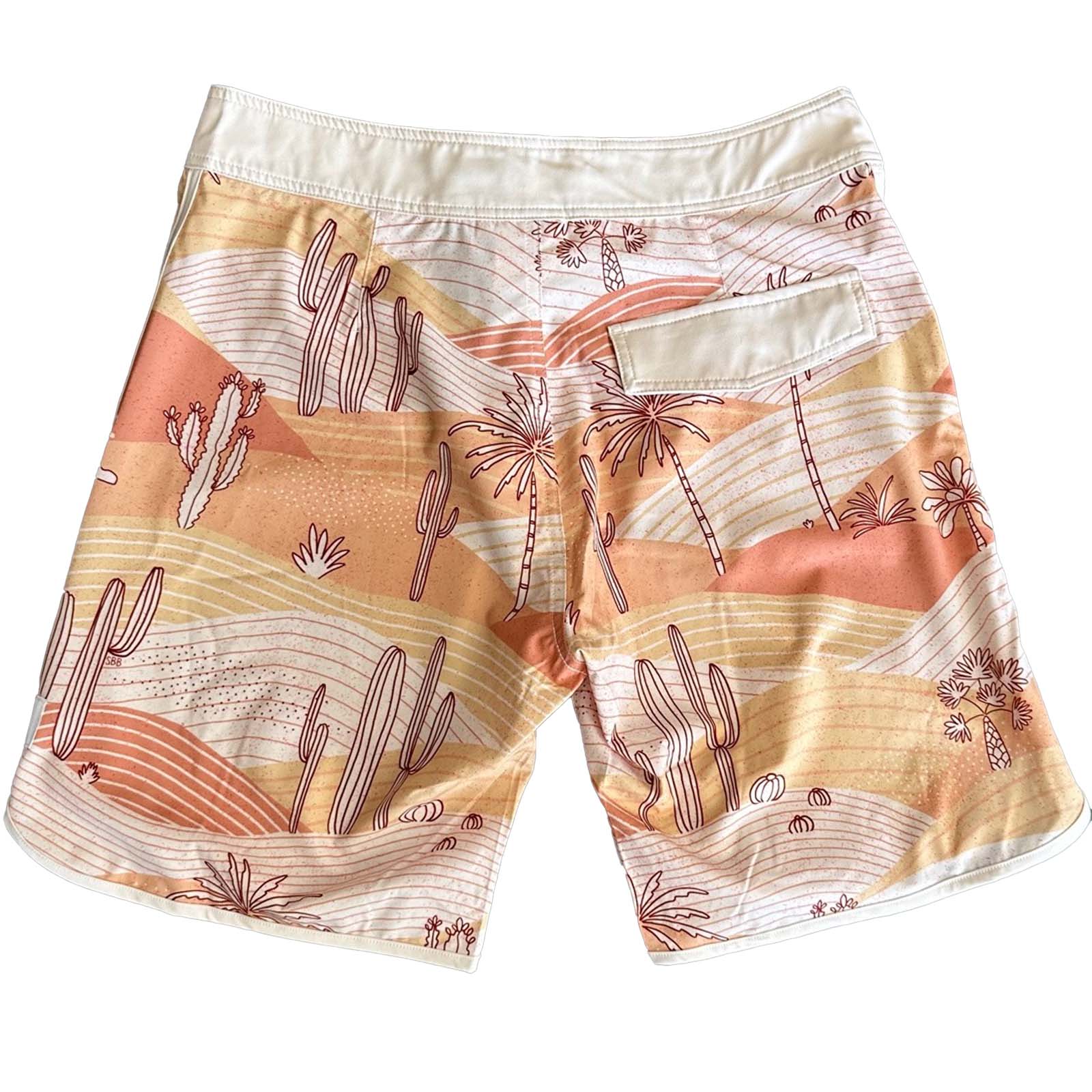 South Beach Boardies Mens Retro Piping boardies made from recycled plastic bottles, Cactus print, front view 