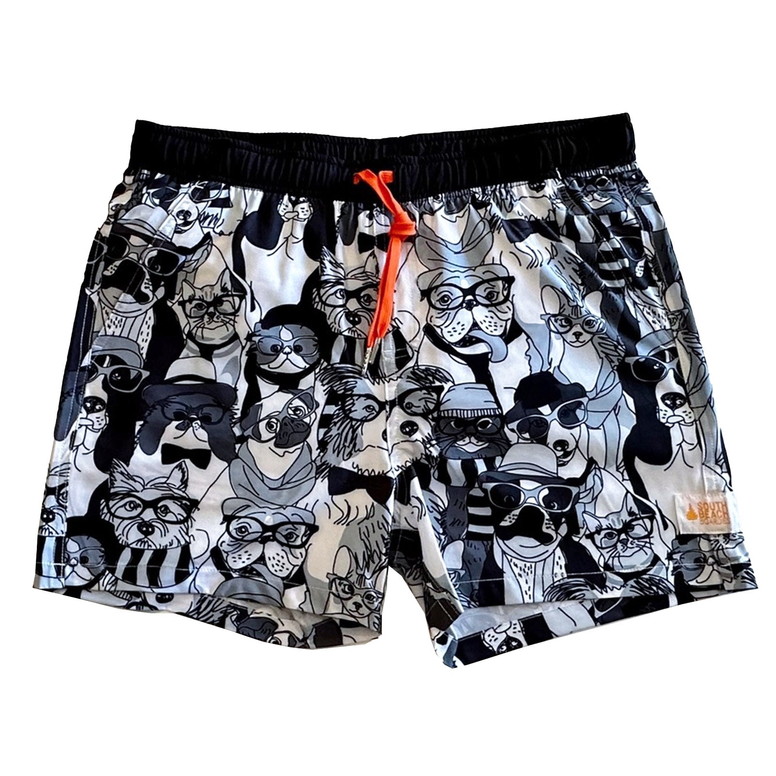 South Beach Boardies Mens Stretchy Trunks made from recycled plastic bottles, Dogs are the best people print, front view