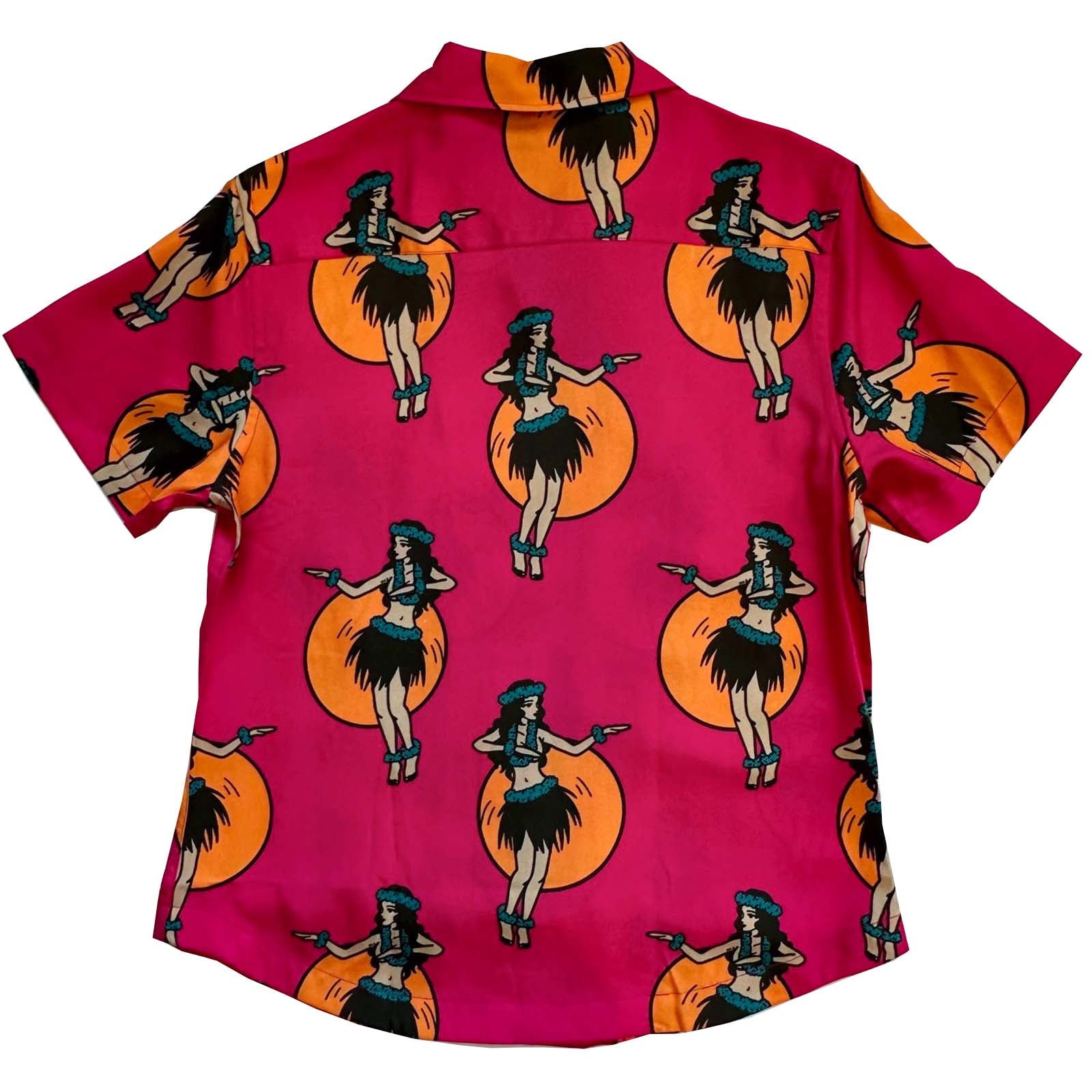 South Beach Boardies Women's Eucalyptus Tencel Cubano shirt in Hula print, back view